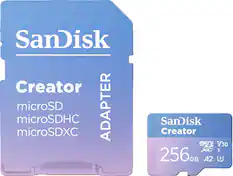SanDisk Creator
microSD
microSDHC
microSDXC
SanDisk Creator
256 GB
V30
A2
I
U3