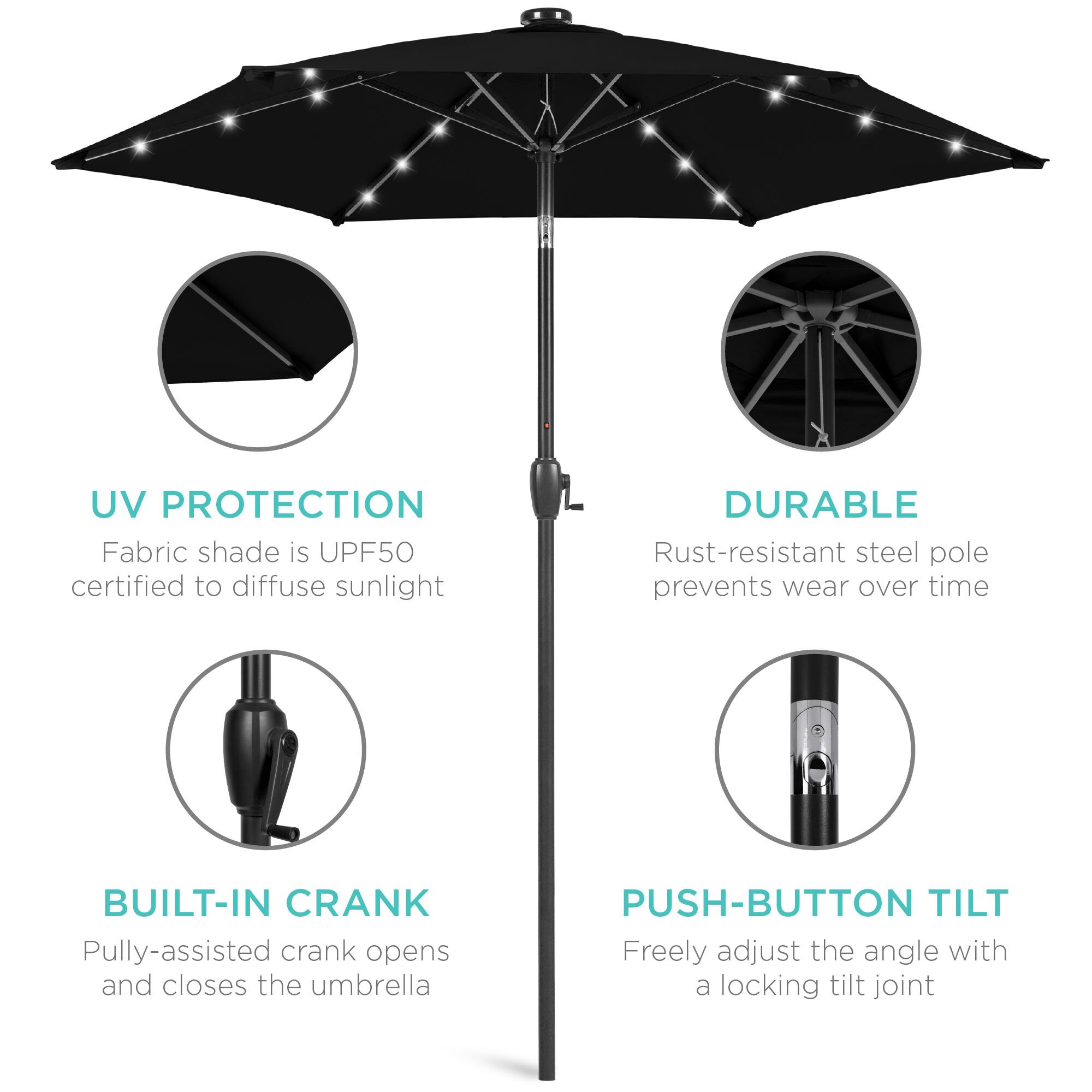 UV PROTECTION  
Fabric shade is UPF50 certified to diffuse sunlight  

DURABLE  
Rust-resistant steel pole prevents wear over time  

BUILT-IN CRANK  
Pully-assisted crank opens and closes the umbrella  

PUSH-BUTTON TILT  
Freely adjust the angle with a locking tilt joint