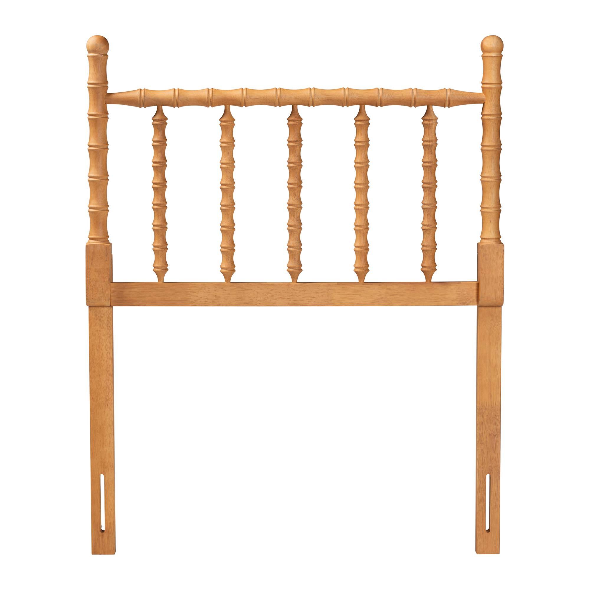 Angle. Baxton Studio - Edaline Bamboo Motif Headboard - Crafted Wood Panel with Decorative Turned Spindle Design for Boho Costal Bedroom, Twin - Oak Brown.