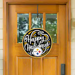 Evergreen Enterprises - Pittsburgh Steelers 18" Happy Holidays Wooden Round Door Sign - Multicolor
