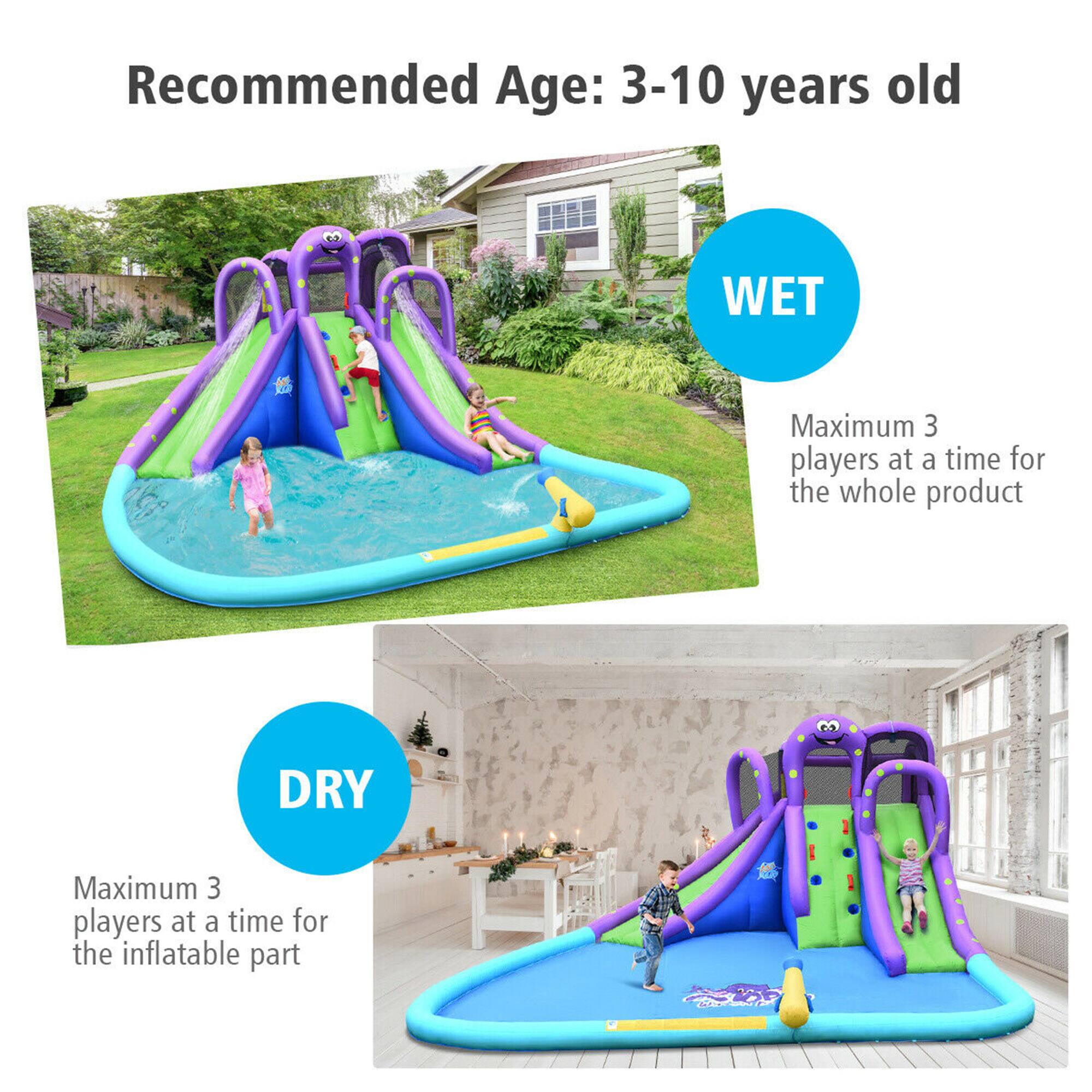 Recommended Age: 3-10 years old

WET  
Maximum 3 players at a time for the whole product

DRY  
Maximum 3 players at a time for the inflatable part