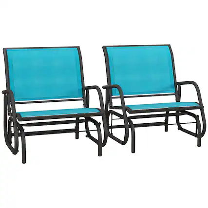 Front. Outsunny - Porch Glider Set of 2, Metal Frame Swing Glider Chair with Breathable Mesh Fabric, Curved Armrests and Steel Frame - Blue.