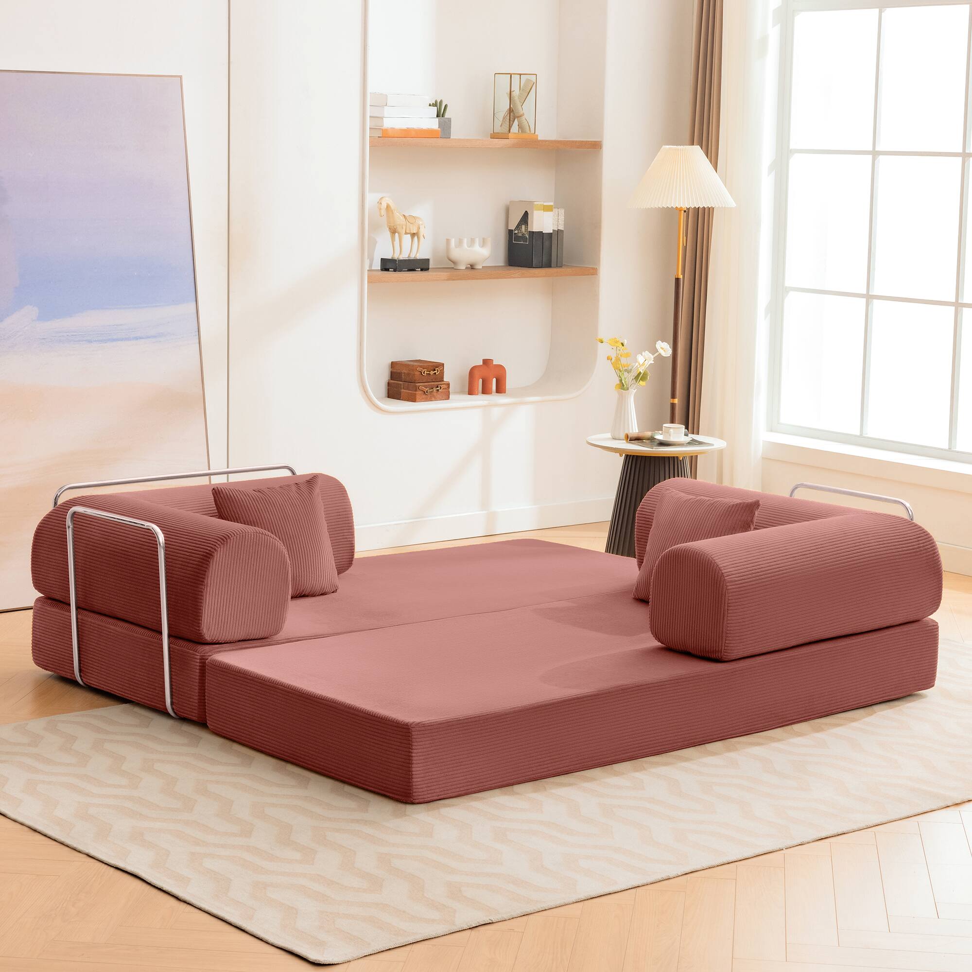 Angle. KERDOM - 78 Inch W Sectional Modular Sofa, 3-4 Person Corduroy Sofa Bed Foldable, High Rebound Density Sponge Sofa, Block Couch - Pink.