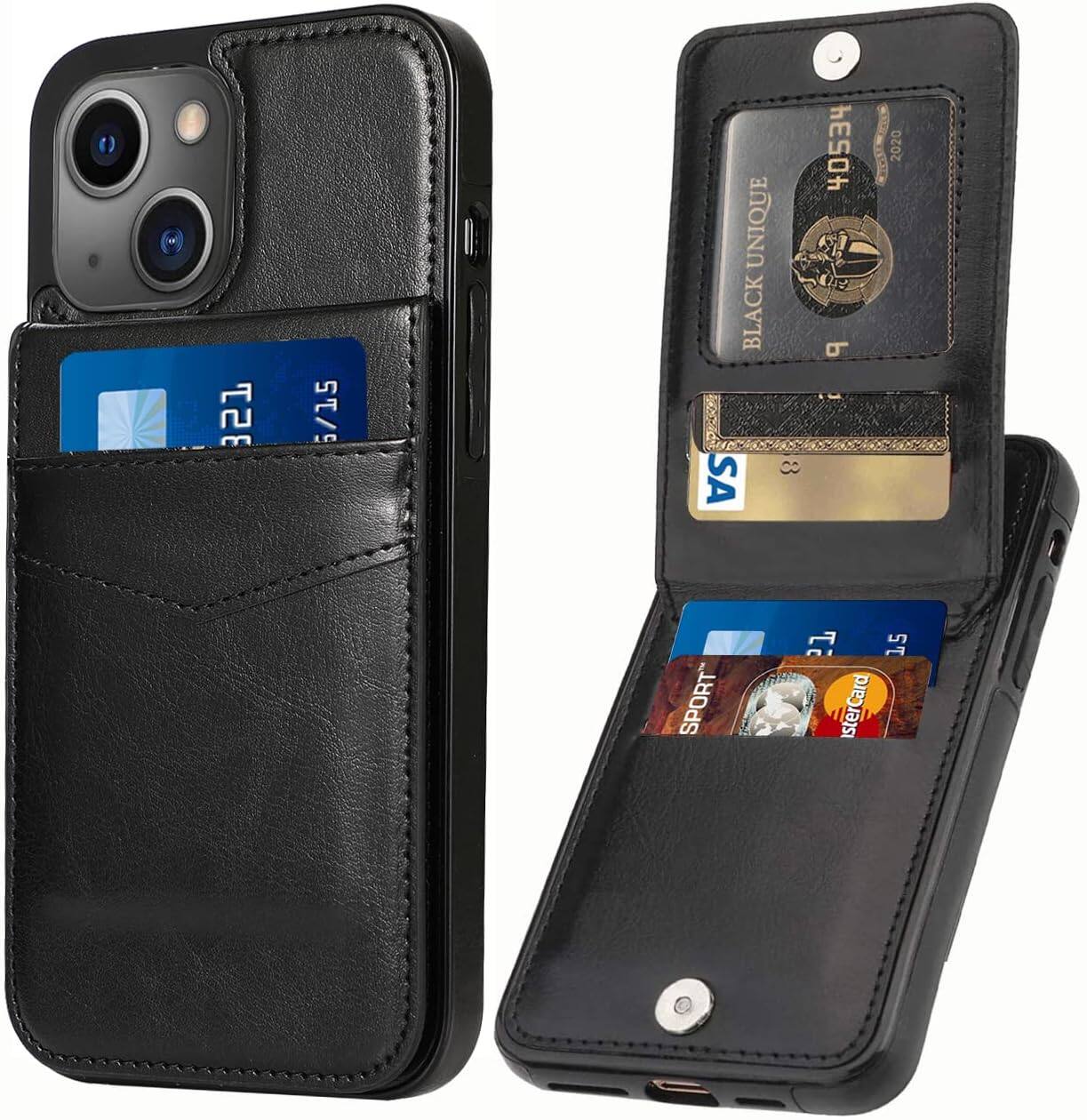 Entronix - Slim Leather Wallet Case for iPhone 13 Mini with 6 Card Slots - Black
