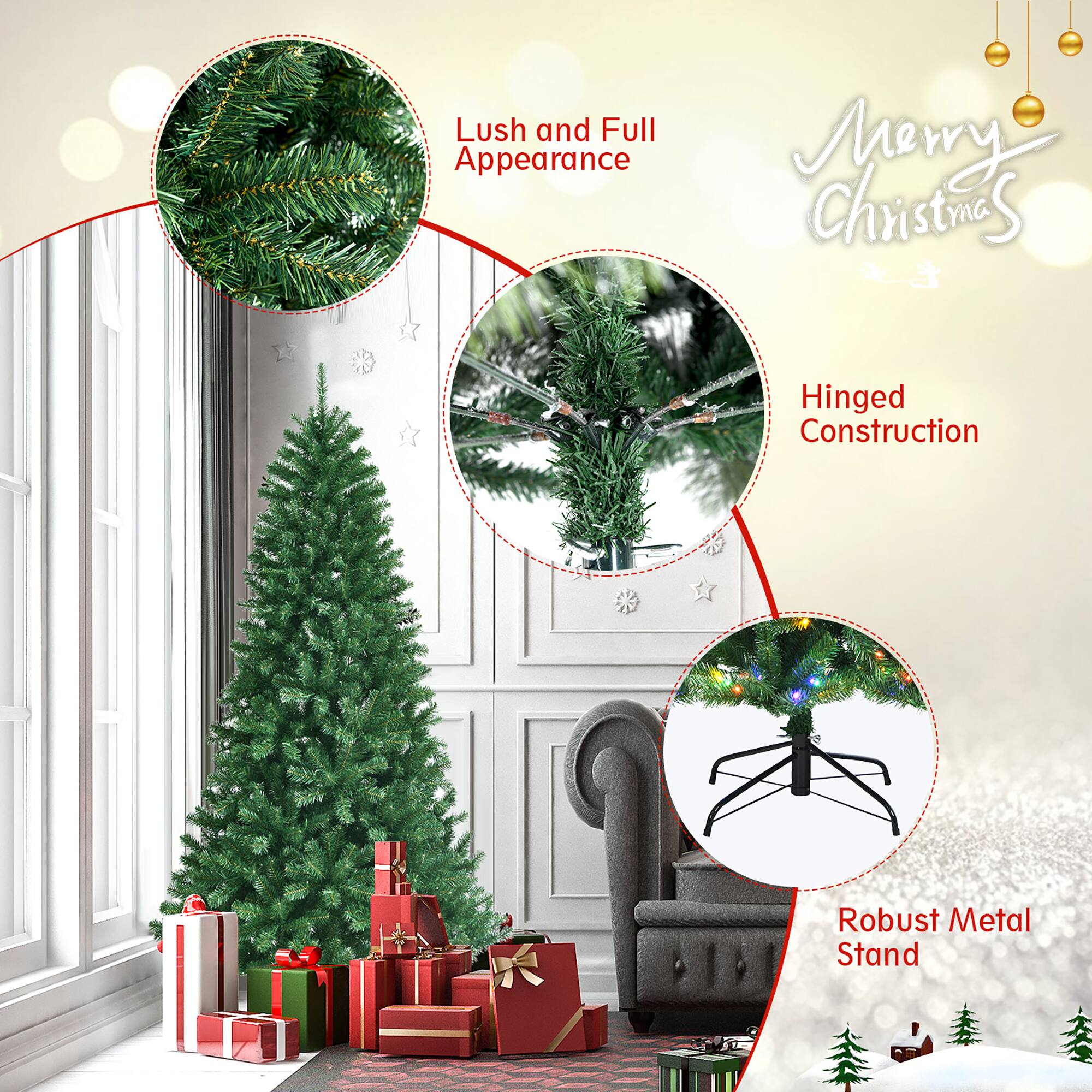 Lush and Full Appearance: The Christmas tree is decorated with ornaments and presents, giving it a full and festive appearance.

Merry Christmas: The image is promoting the Christmas tree as a symbol of the holiday season.

Hinged Construction: The Christmas tree is designed with a hinge, allowing it to be easily assembled and disassembled.

Robust Metal Stand: The tree is placed on a sturdy metal stand, providing stability and support.