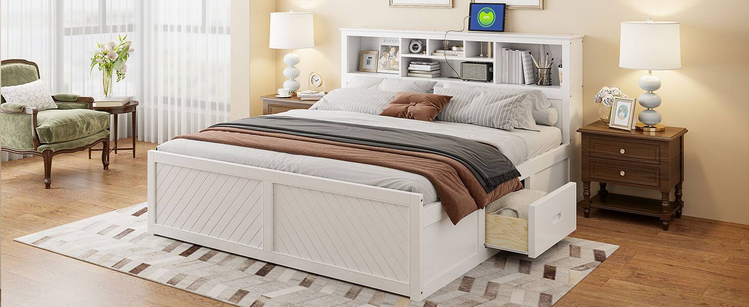 Left. Tiramisubest - King Size Wood Platform Bed with Multi-storage Headboard, USB and Drawers, White - White.