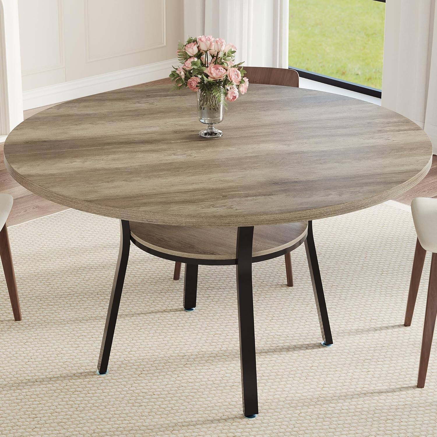 Front. Homhougo - 47" Round Dining Table for 4–6, Wood Top with Metal Frame, Space-Saving Kitchen & Dining Table, Grey - Gray.