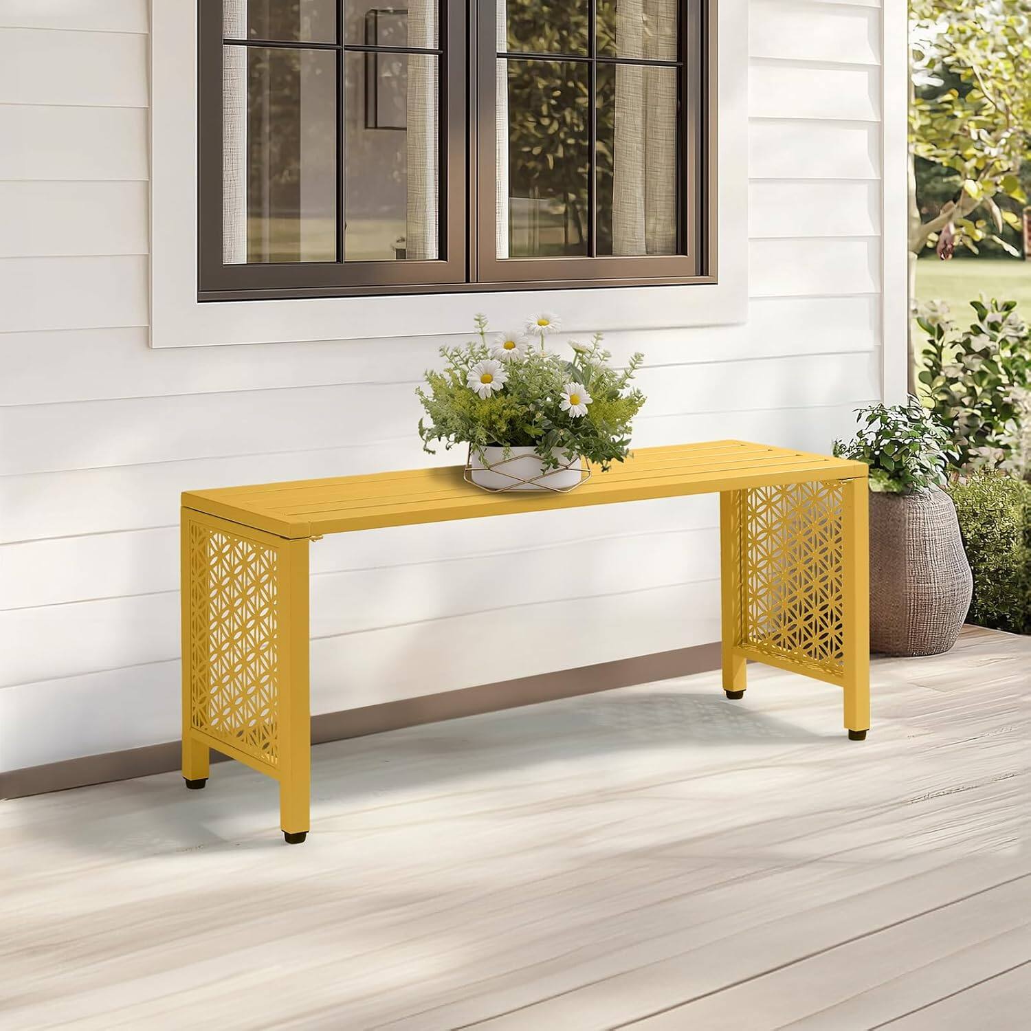 Alt View 8. Winado - 40in Metal Bench Backless Patio Bench with Slatted Seat, Floral Side Panels for Outdoor Garden Seating Entryway Backyard - Yellow.