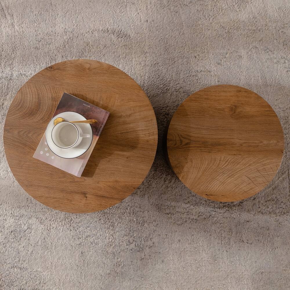 Alt View 2. Loheer - Nesting Coffee Table Set of 2 Round Wooden Modern Circle Table for Small Space Living Room Bedroom Accent End Side Table - Brown.