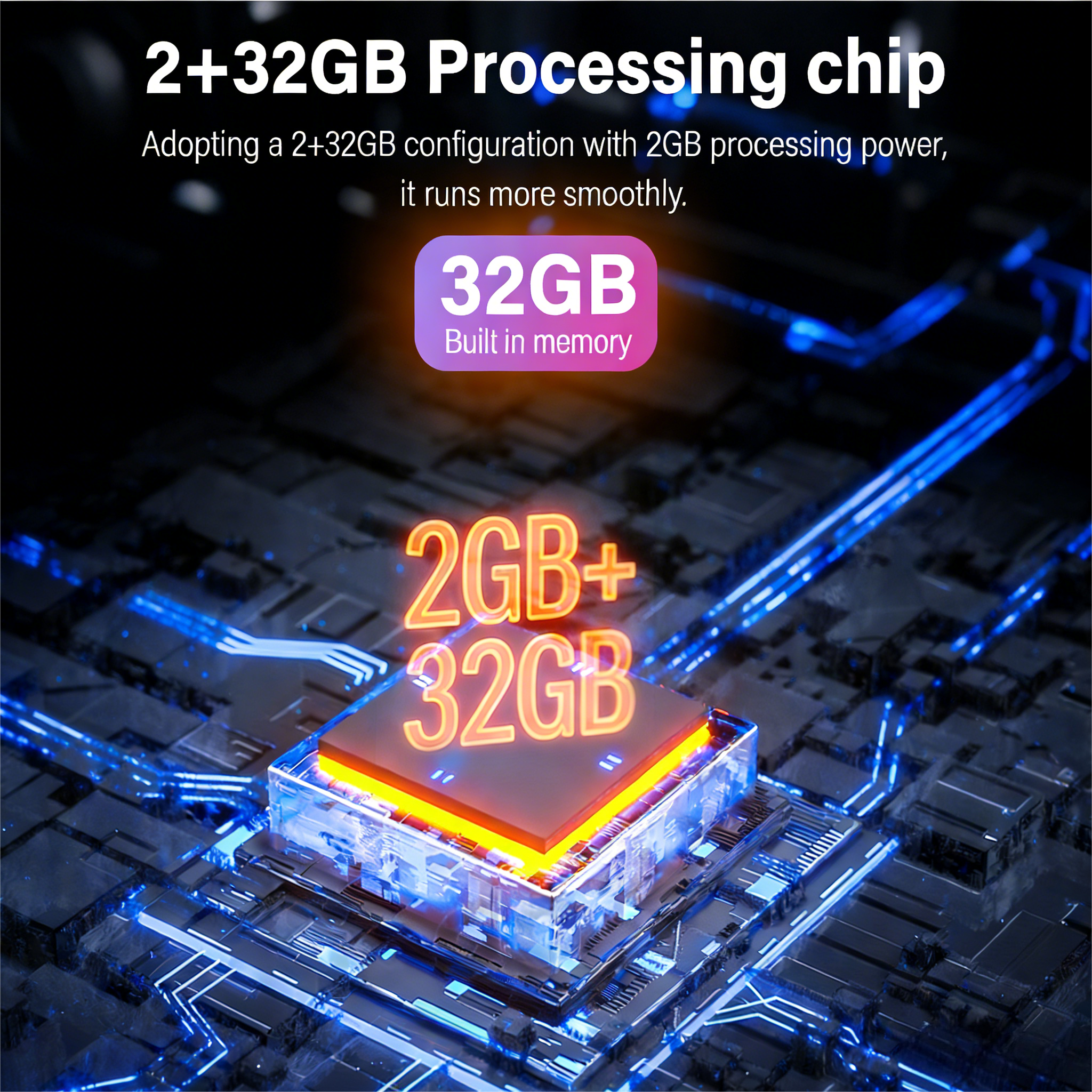 2+32GB Processing chip  
Adopting a 2+32GB configuration with 2GB processing power, it runs more smoothly.  

32GB  
Built in memory  

2GB+ 32GB