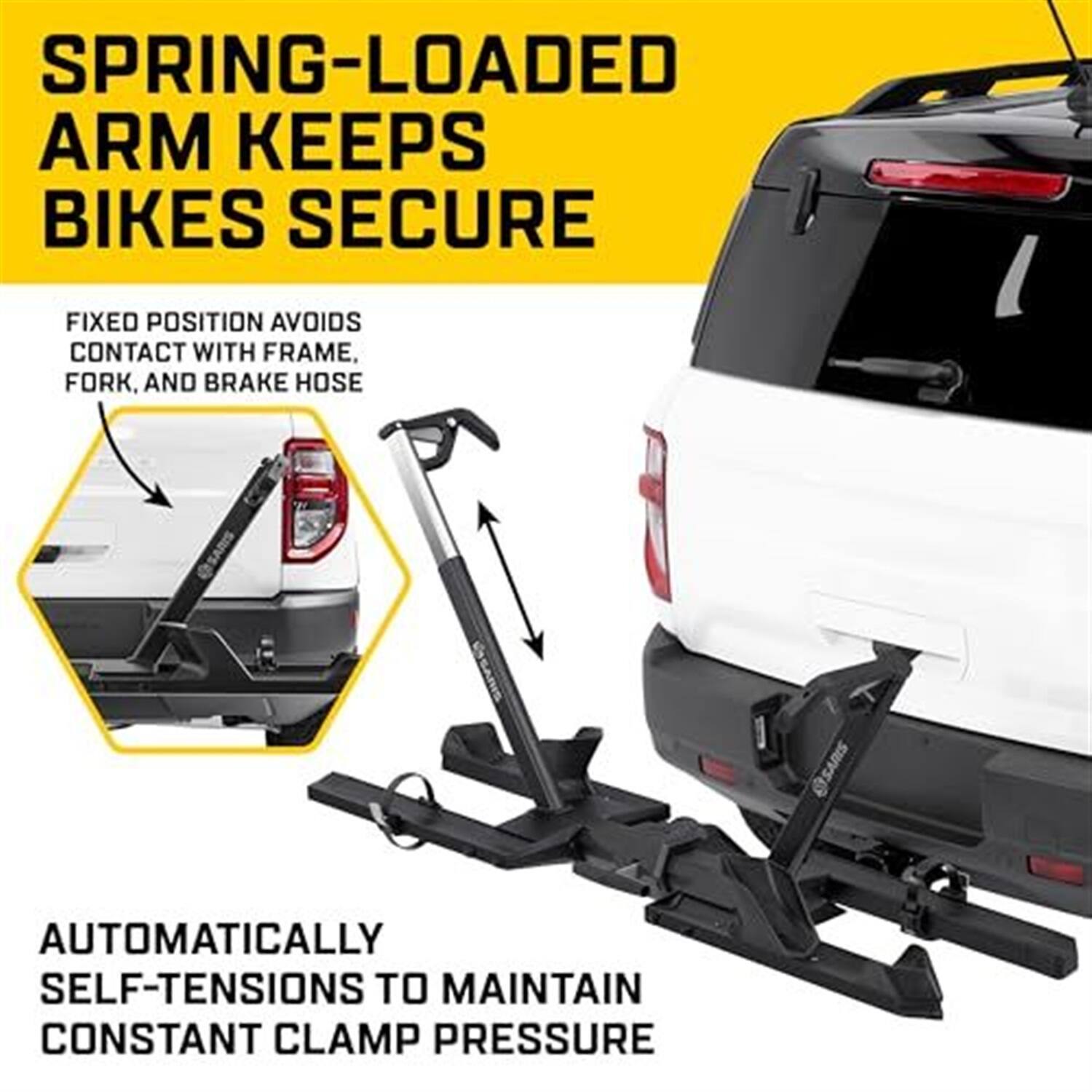 SPRING-LOADED ARM KEEPS BIKES SECURE

FIXED POSITION AVOIDS CONTACT WITH FRAME, FORK, AND BRAKE HOSE

AUTOMATICALLY SELF-TENSIONS TO MAINTAIN CONSTANT CLAMP PRESSURE