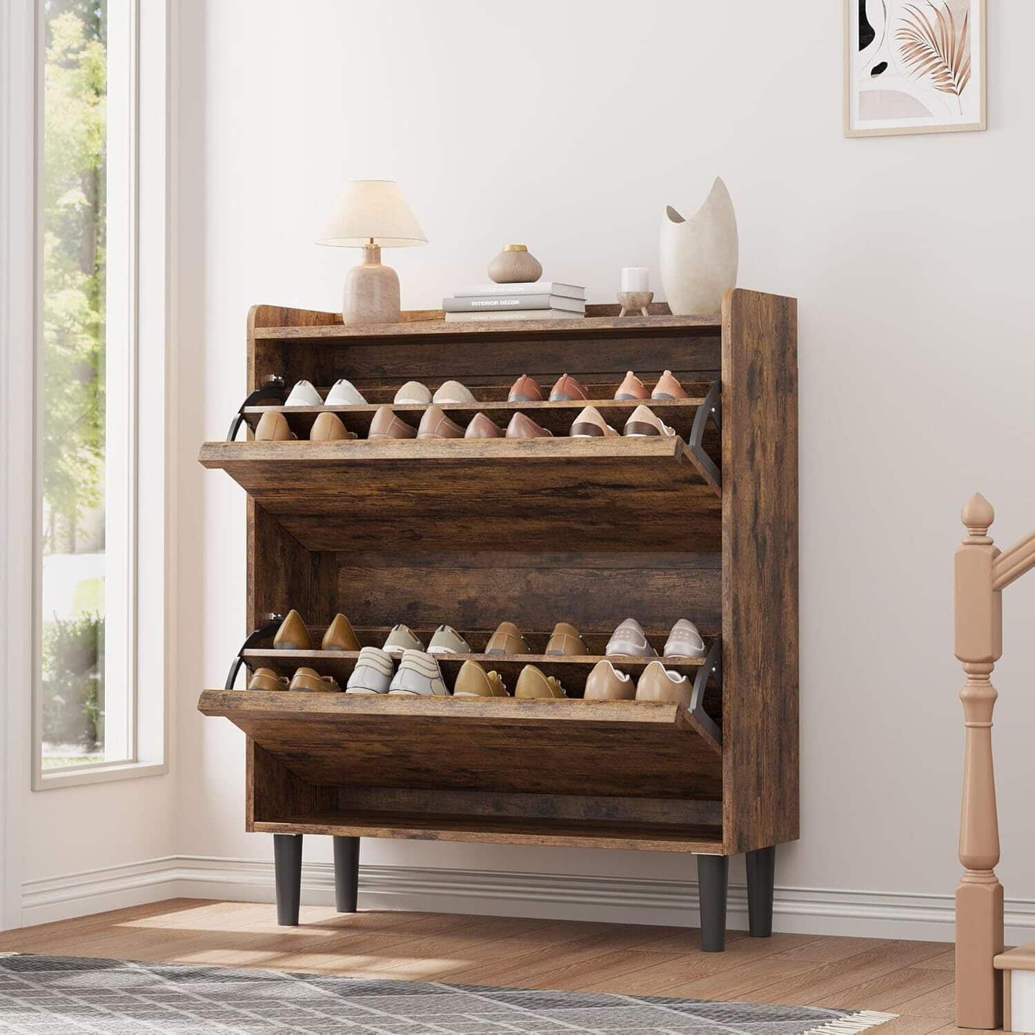 GARVEE - Shoe Cabinet with 2 Flip Drawers, Wooden Shoe Organizer with Adjustable Shelf, Shoe Storage for Entryway, Rustic - Brown