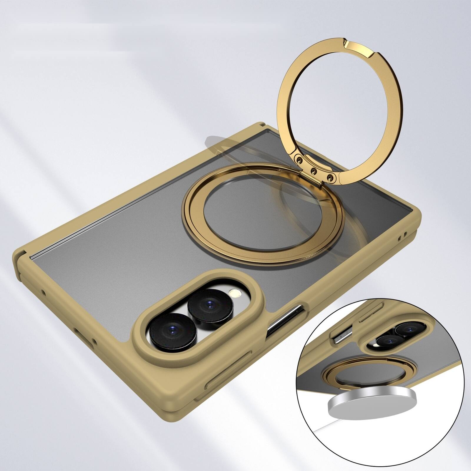 Left. Dteck - Shockproof Phone Case for Samsung Galaxy Z Fold8 with 360 Ring Kickstand, Magnetic Matte Cover with Spine Hinge Defense - Gold.