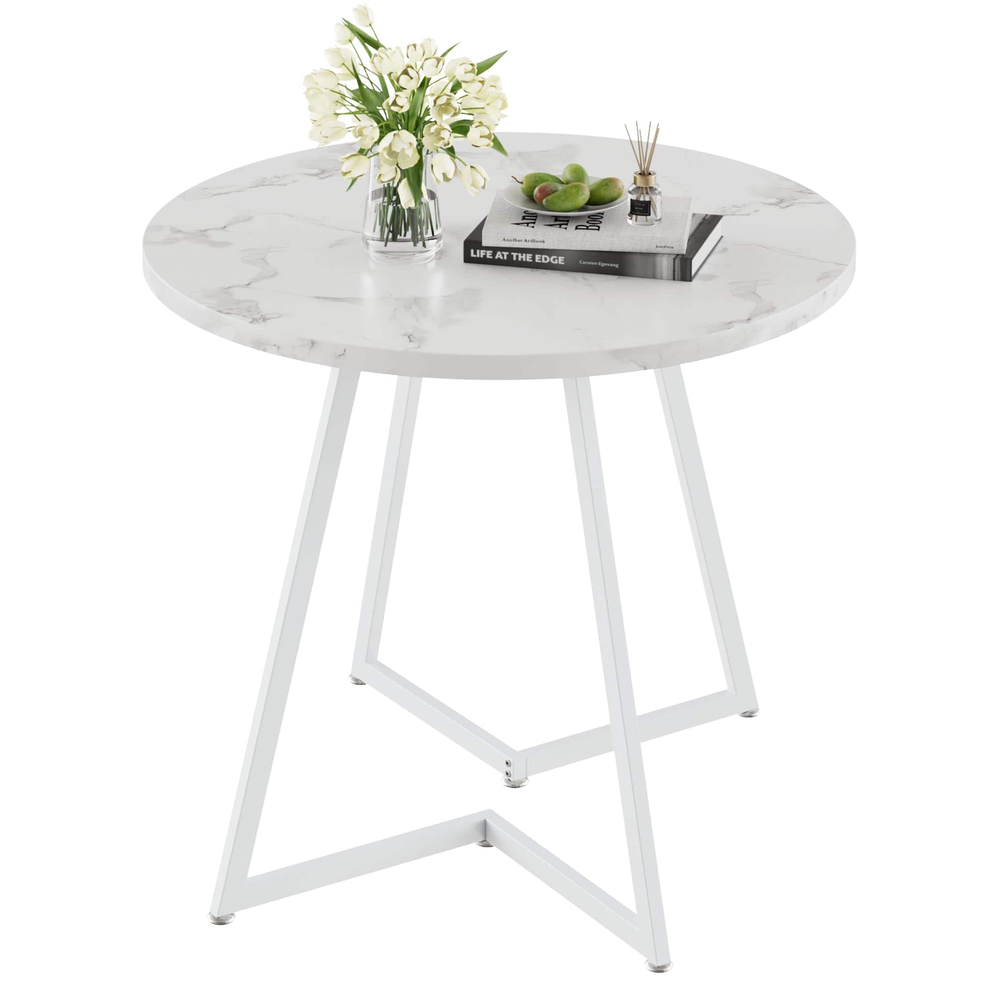 MAGICAL RUBS - 35" Round Dining Table For 4 Wood-grain Tabletop & Heavy-duty Steel Frame Kitchen Living Room Easy Assembly White - Fuax Marbled & White 31.5" Dining Table