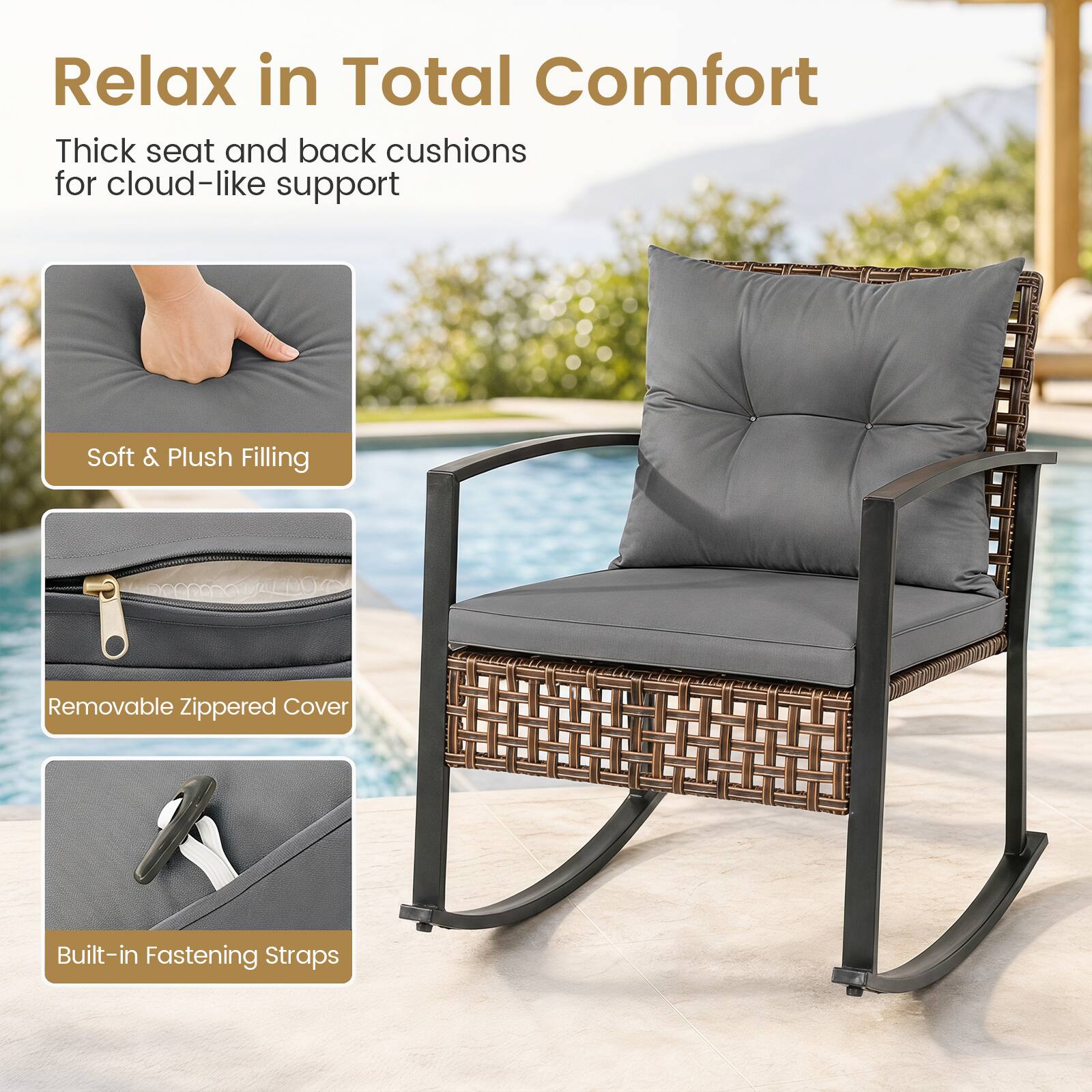 Relax in Total Comfort

Thick seat and back cushions for cloud-like support

Soft & Plush Filling

Removable Zippered Cover

Built-in Fastening Straps