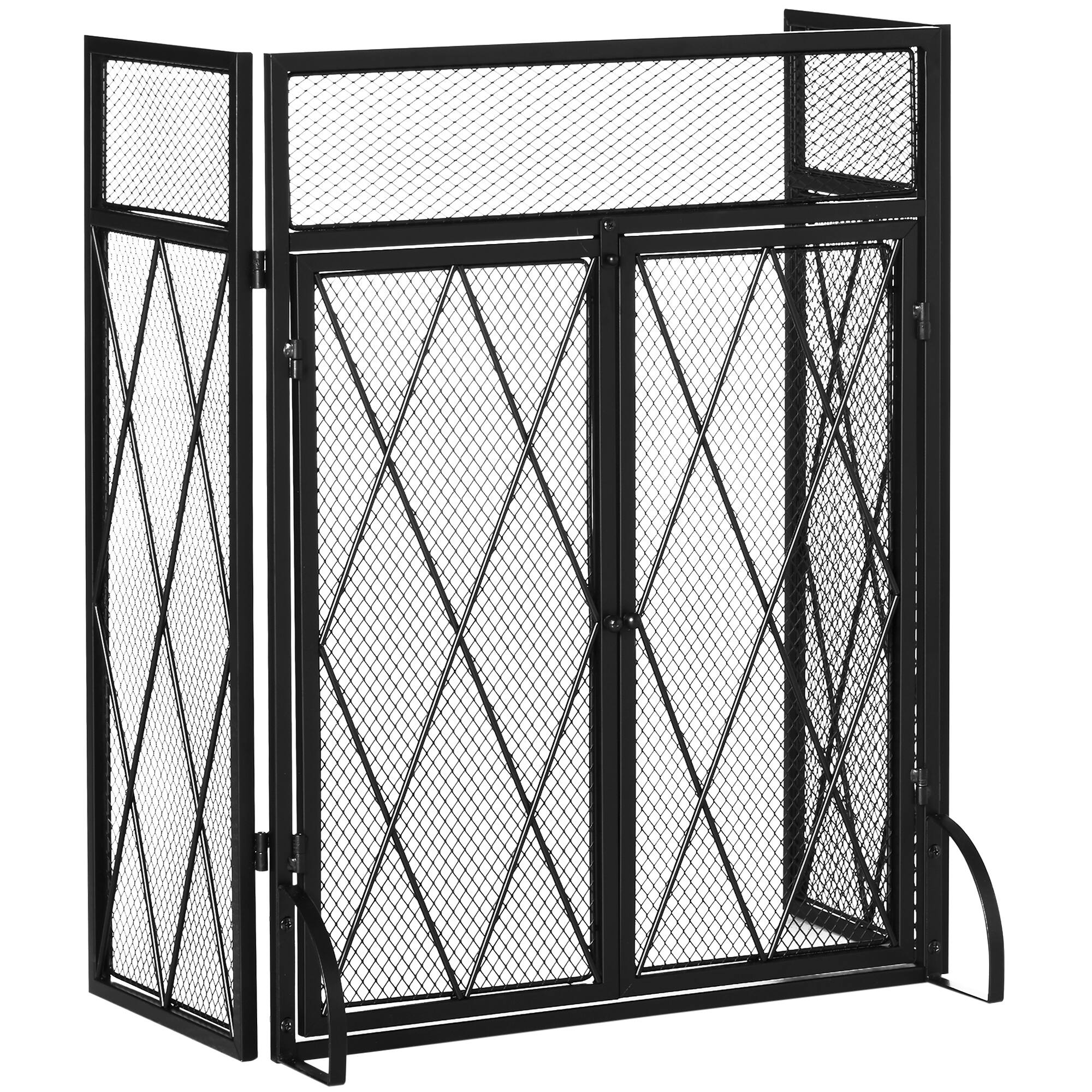 Front. Homcom - Folding Fireplace Screen for Wood Burning with Double Doors, Home Heavy Duty Steel Fire Spark Guard - Black.