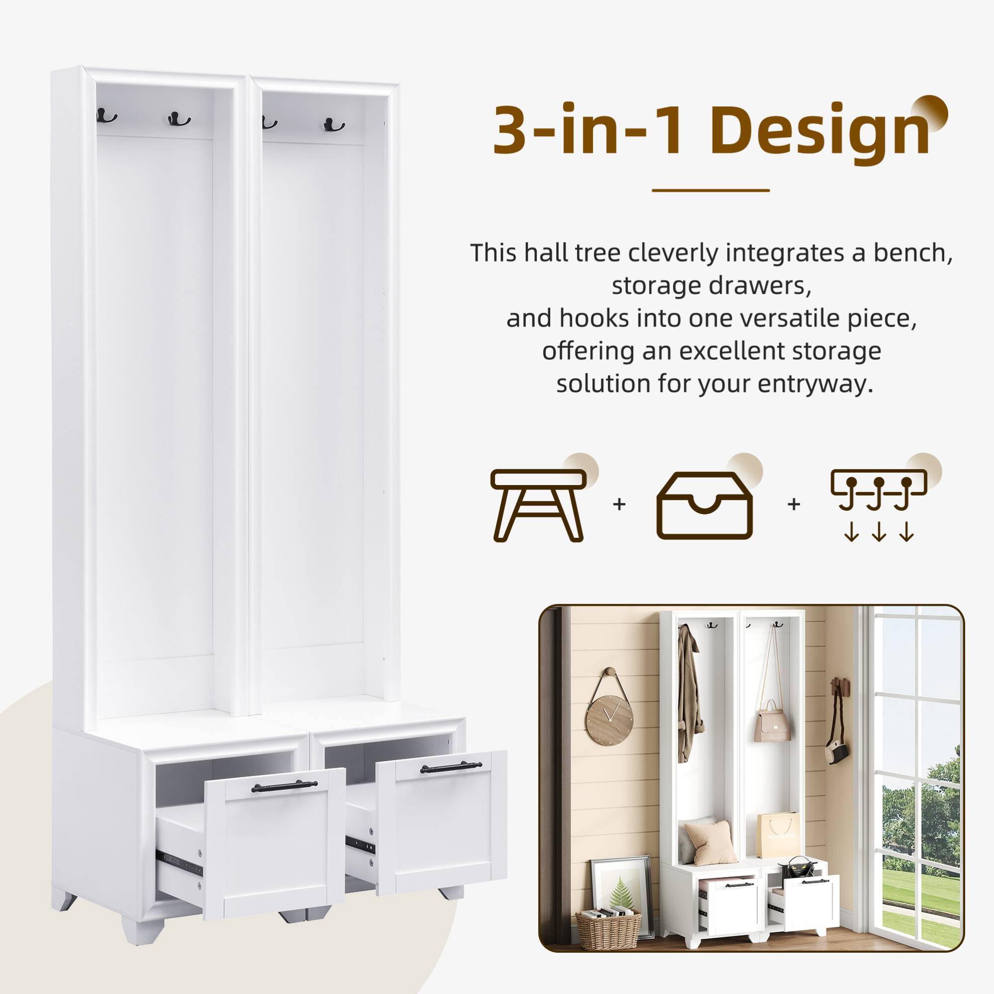 3-in-1 Design

This hall tree cleverly integrates a bench, storage drawers, and hooks into one versatile piece, offering an excellent storage solution for your entryway.
