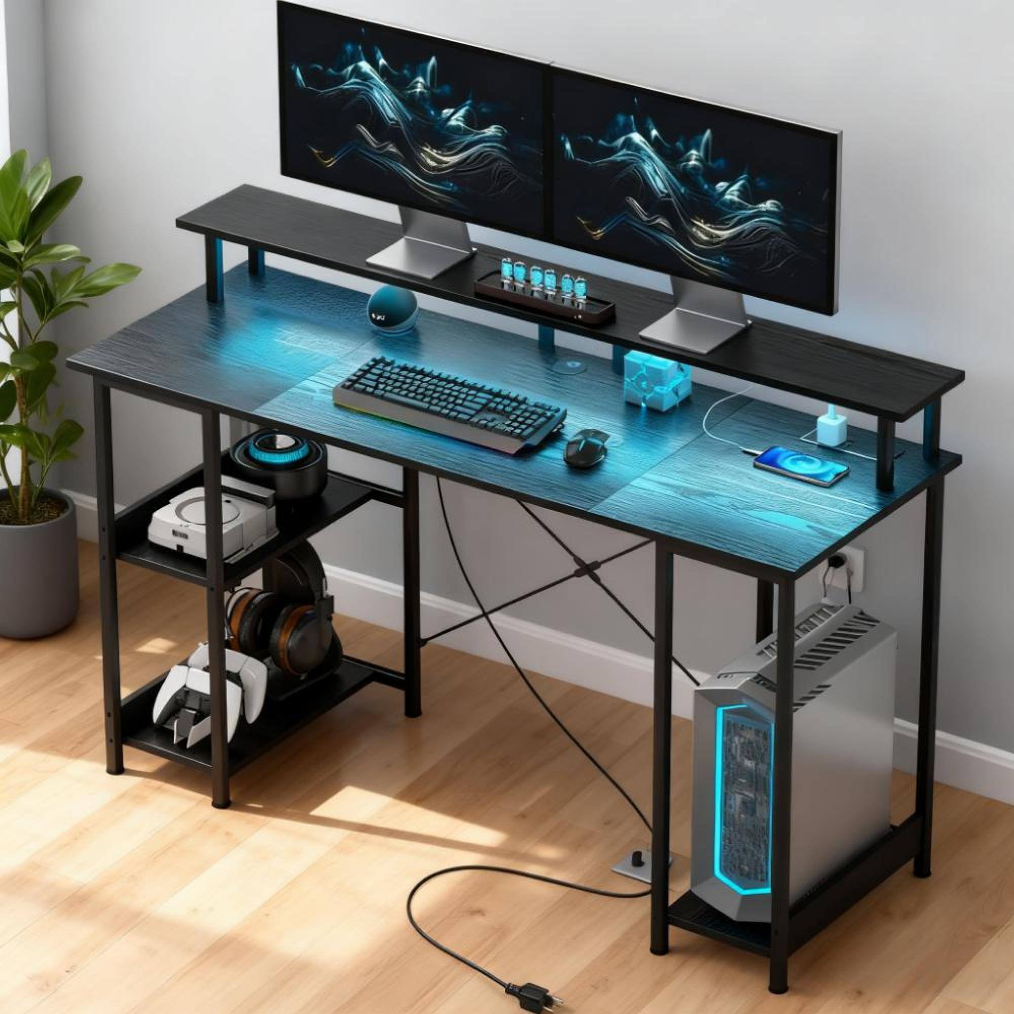 Alt View 4. GOODSILO - Reversible Computer Desk with Charging Station, LED Lighting, and Adjustable Storage Shelves for Home Office Use - Distressed Black.