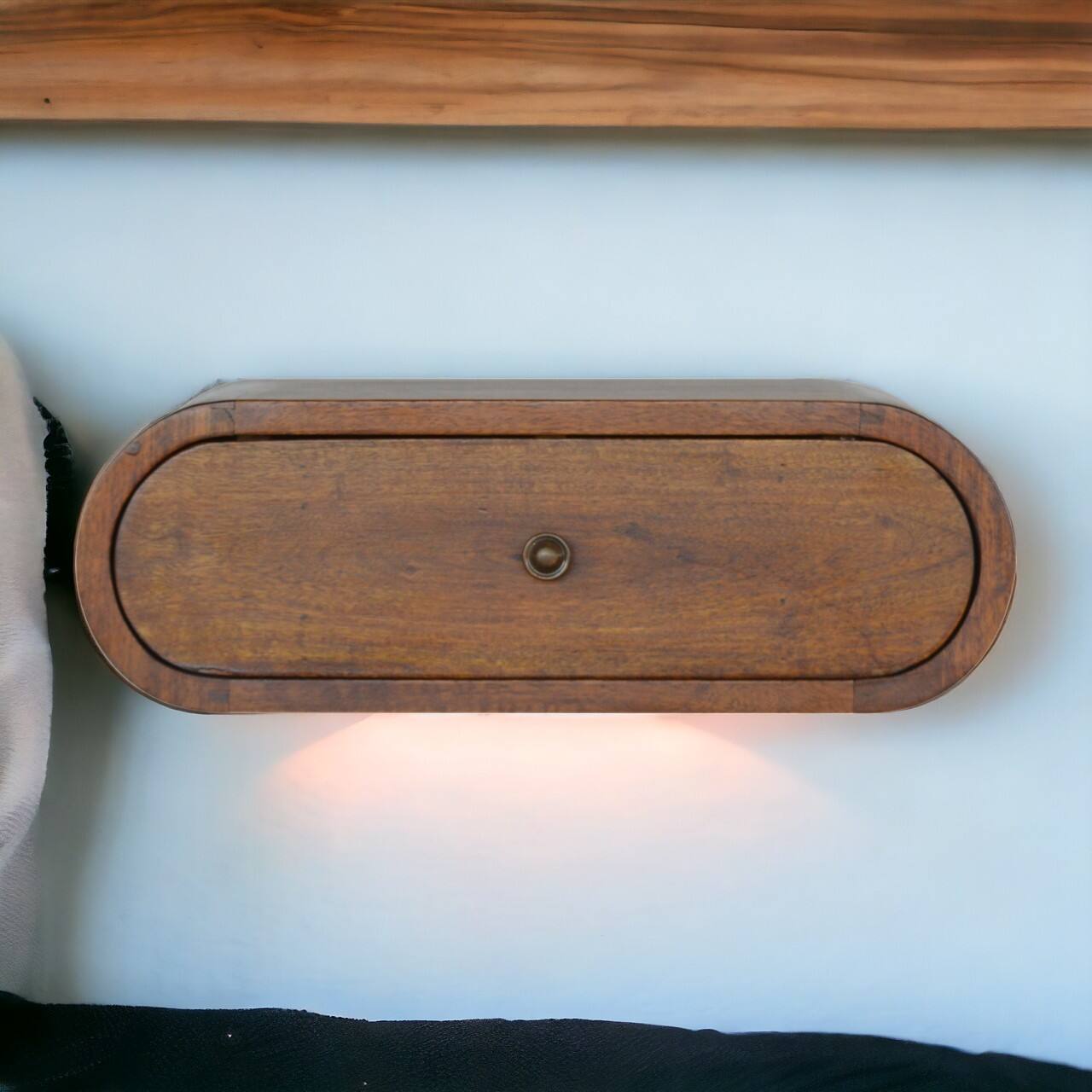 Angle. Artisan Furniture - Artisan Furniture Solid Wood Wall Mounted Round Chestnut Nightstand, 1 Drawer, Light Brown - Chestnut.