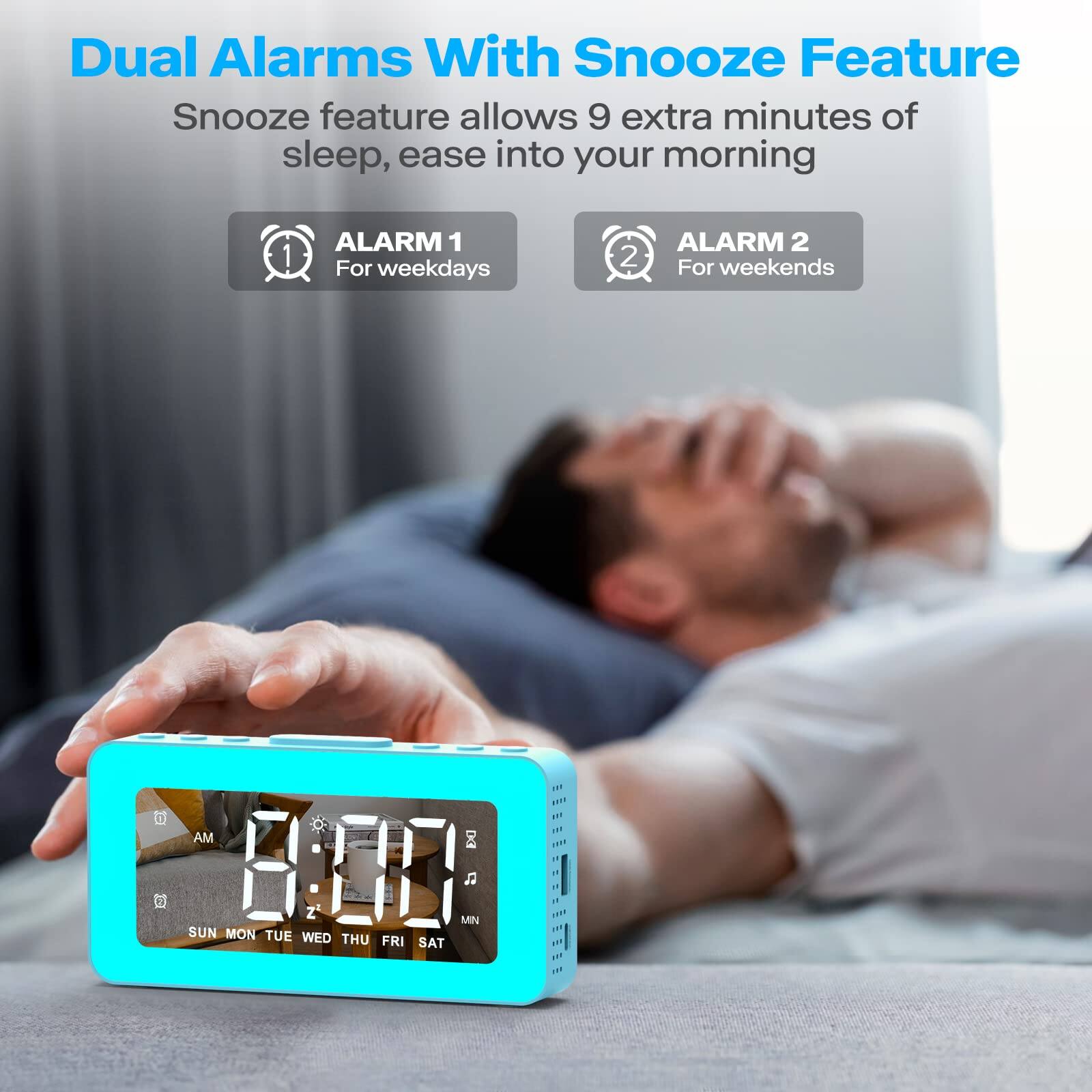 Dual Alarms With Snooze Feature  
Snooze feature allows 9 extra minutes of sleep, ease into your morning  

ALARM 1  
For weekdays  

ALARM 2  
For weekends  

AM / PM  
SUN MON TUE WED THU FRI SAT  
MIN