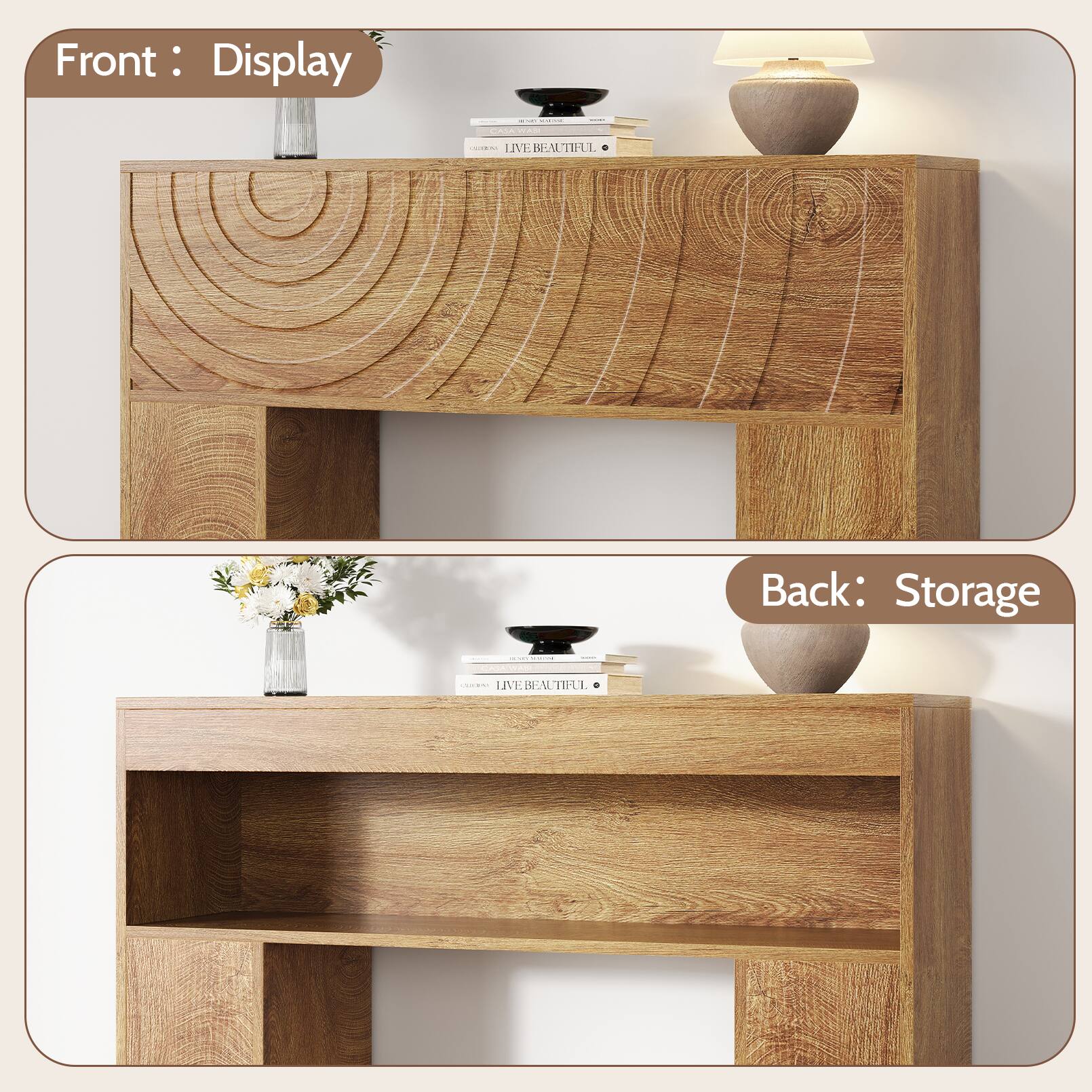 Front: Display  
LIVE BEAUTIFUL  

Back: Storage  
LIVE BEAUTIFUL