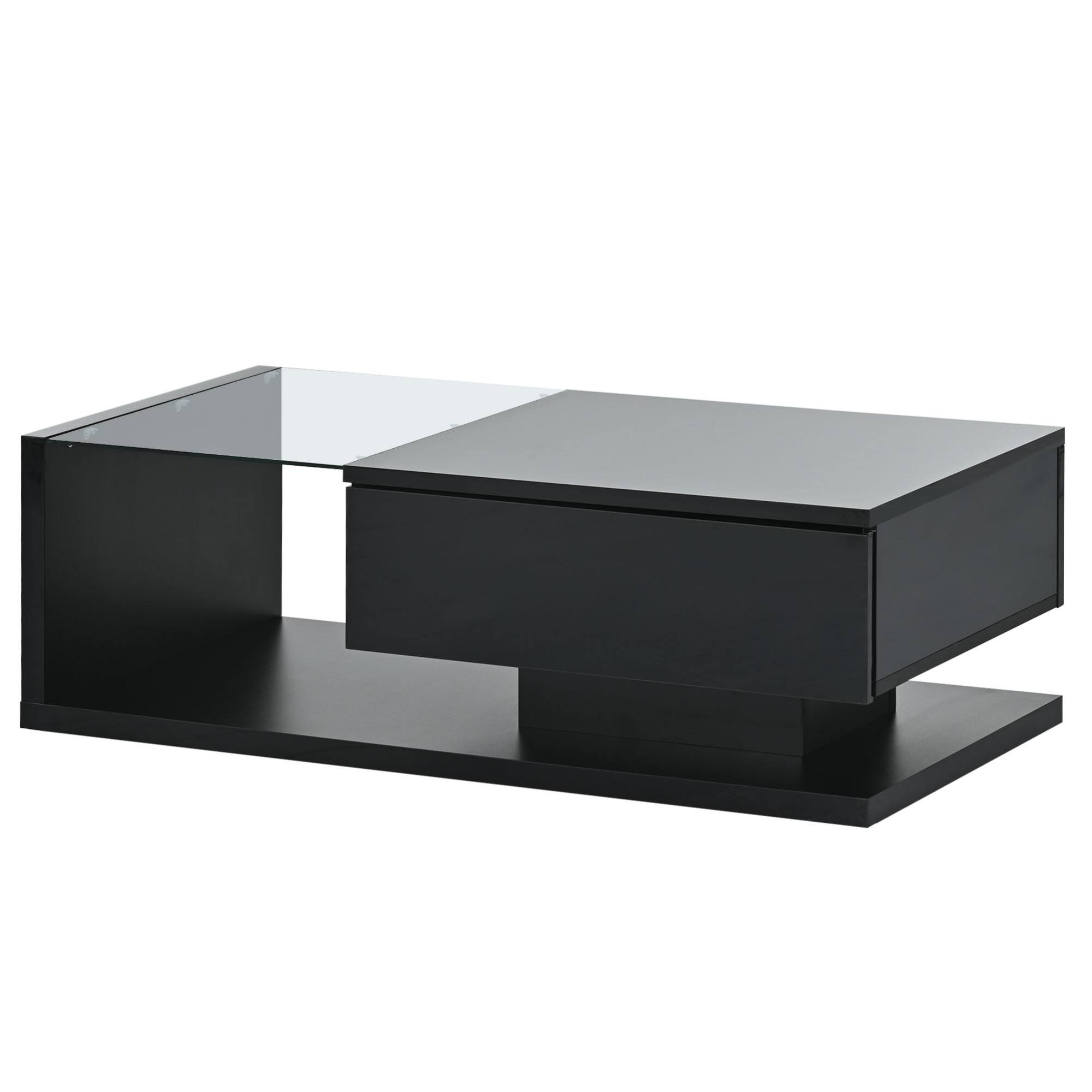 Alt View 5. GOODSILO - Modern Coffee Table with Tempered Glass Top and High-Gloss UV Finish, Two-Tier Rectangular Center Table - Black.
