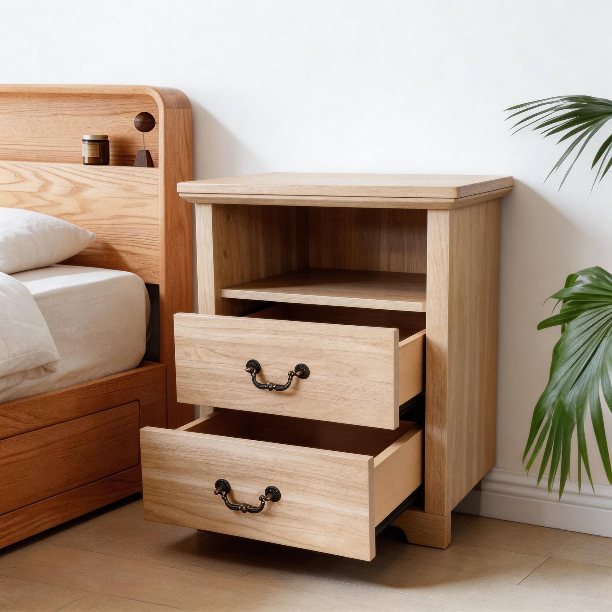 Angle. Vaczon - Rustic Distressed Oak Nightstands (Set of 2) with Open Shelf and 2 Drawers - Oak.