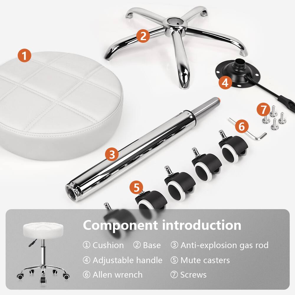 Component introduction

1. Cushion
2. Base
3. Anti-explosion gas rod
4. Adjustable handle
5. Mute casters
6. Allen wrench
7. Screws