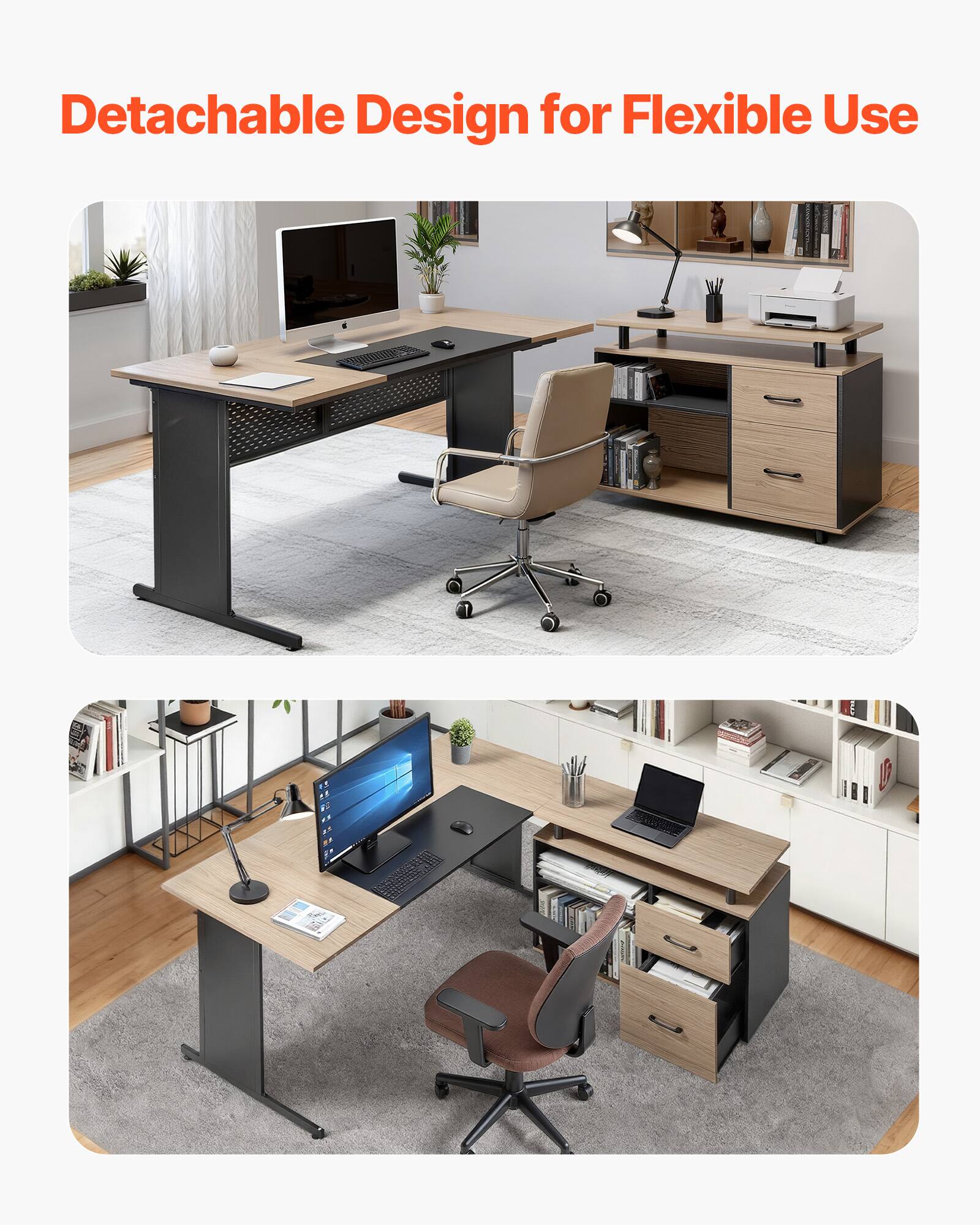 VEVOR - L-Shaped Executive Desk, Modern Reversible Office Table with Drawers & Storage Cabinet - Black + Brown - Thumbnail 5