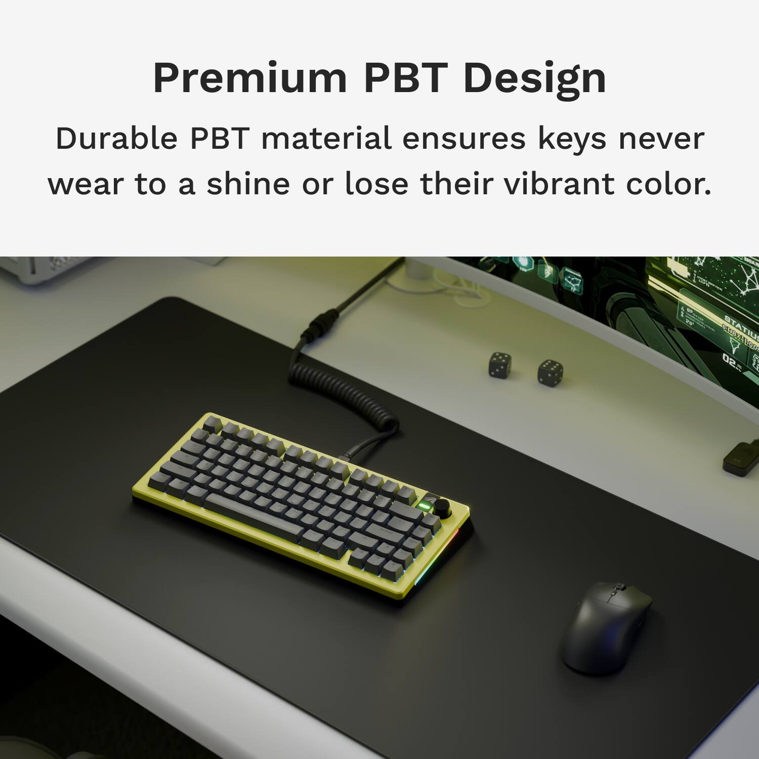 Premium PBT Design: Durable PBT material ensures keys never wear to a shine or lose their vibrant color.