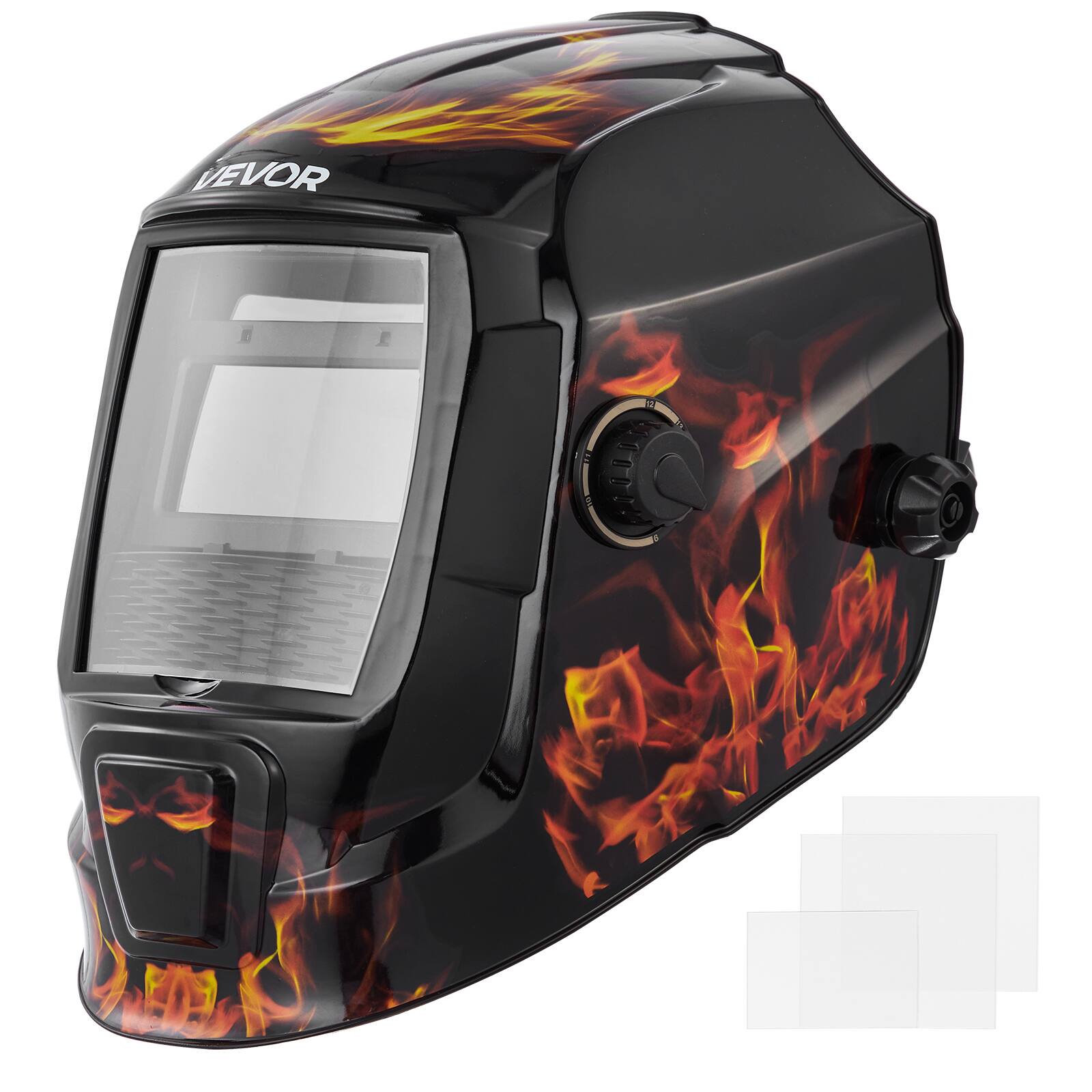 Front. VEVOR - Welding Helmet Auto Darkening, 3.66" x 1.69" True Color Welding Hood, Solar-Powered Welder Mask 2 Arc Sensors - Black and yellow.