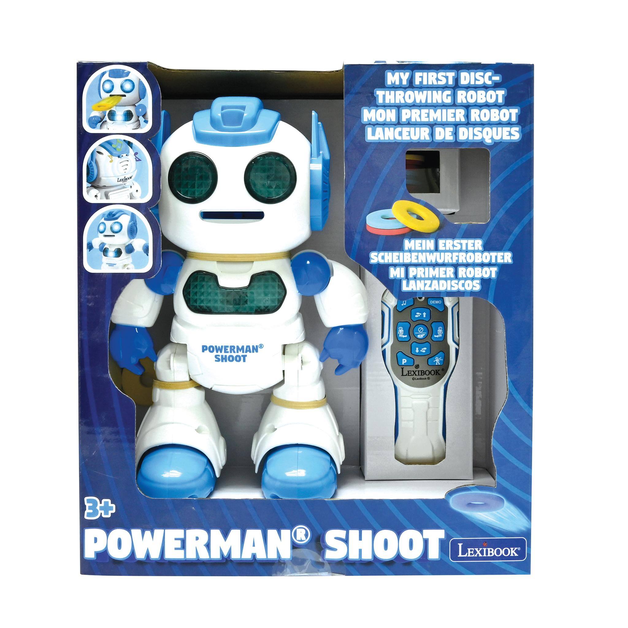 MY FIRST DISC- THROWING ROBOT  
MON PREMIER ROBOT LANCEUR DE DISQUES  
MEIN ERSTER SCHEIBENWURFROBOTER  
MI PRIMER ROBOT LANZADISCOS  

POWERMAN SHOOT  
44 P 6 LEXIBOOK  
Dimtent 1  
3+ POWERMAN SHOOT LEXIBOOK