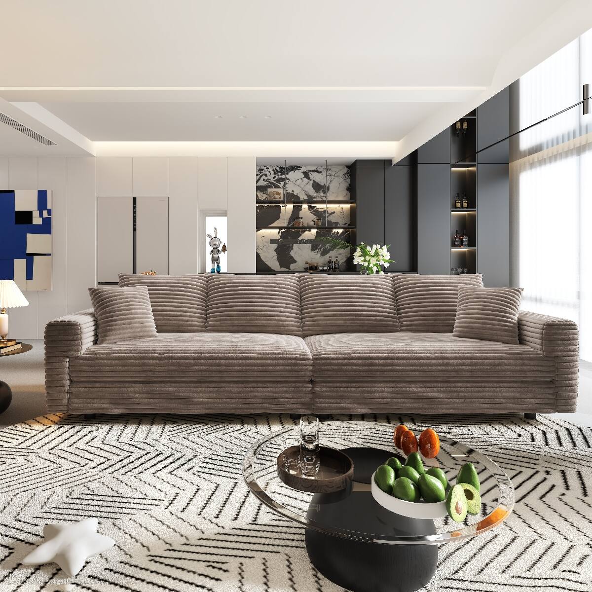 Back. Ropilly - Ropilly 102.4 Inch Camel 4 Seat Corduroy Sofa with Movable Ottomans Deep Seat Upholstered Sofa - Camel.