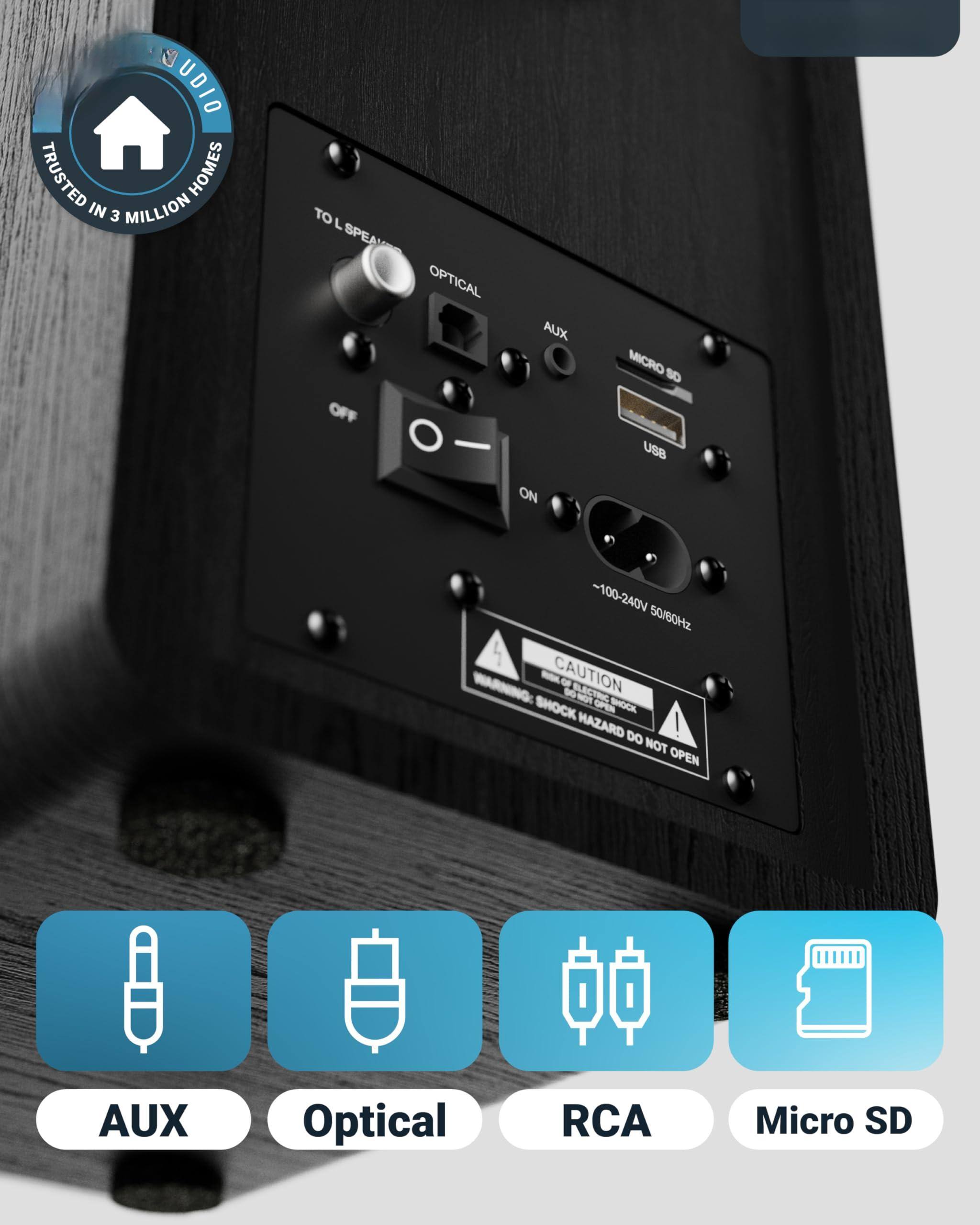 - AUDIO TRUSTED HOMES IN 3 MILLION HOMES
- TO L SPEAKER
- OPTICAL
- AUX
- MICRO SD
- USB
- ~100-240V 50/60Hz
- CAUTION: SHOCK HAZARD DO NOT OPEN
- AUX
- Optical
- RCA
- Micro SD