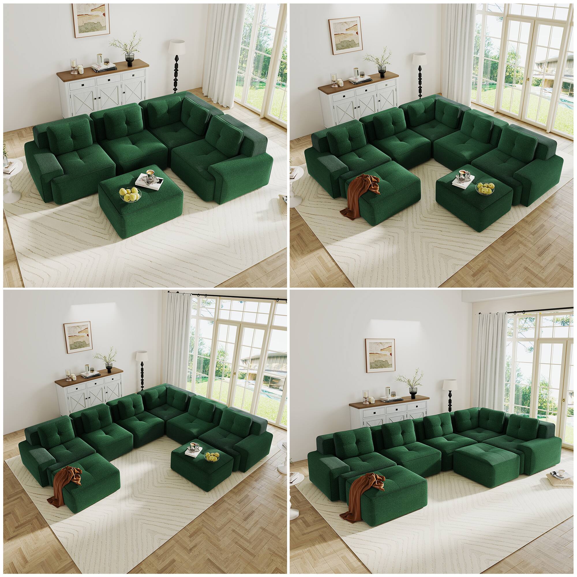 Alt View 7. Anysun - 82" L-Shape Corduroy Sectional Sofa with Ottoman - 2-Seat Deep-Seat Couch, Pearl Piping, Tufted, No Assembly - Green.