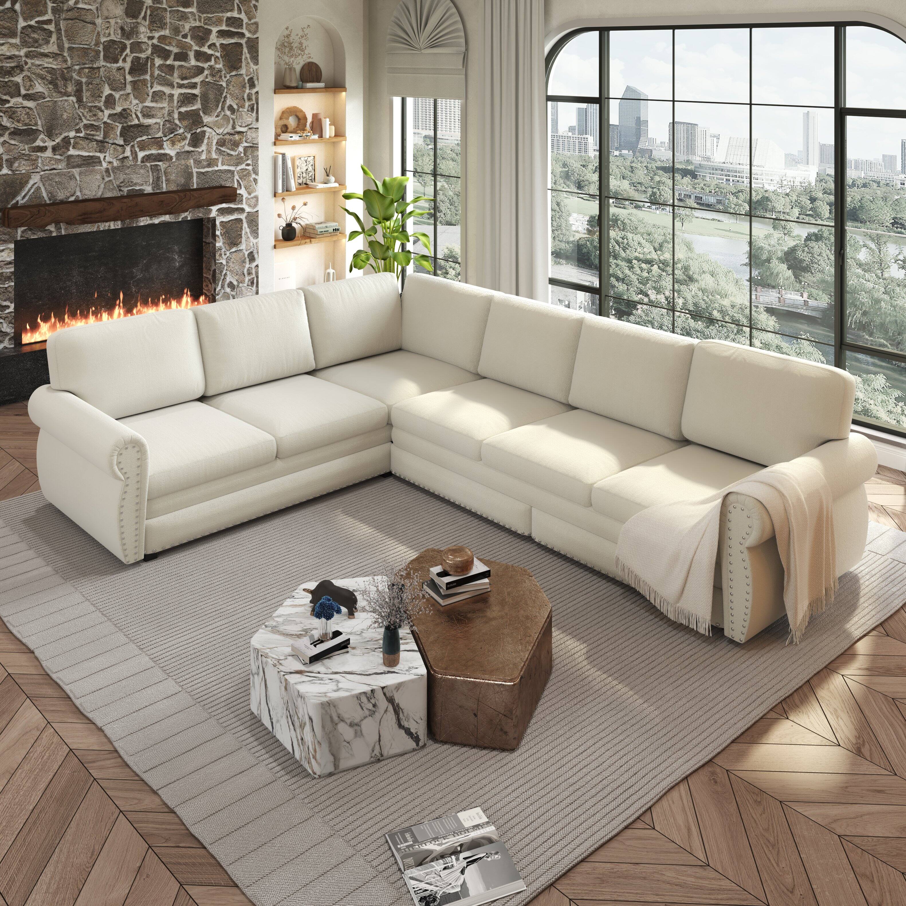 Left. Anysun - 118" Convertible Chenille Upholstered L-Shaped Sofa Couch with Nailhead Trim & Rolled Arms for Living Room, Office - Beige White.