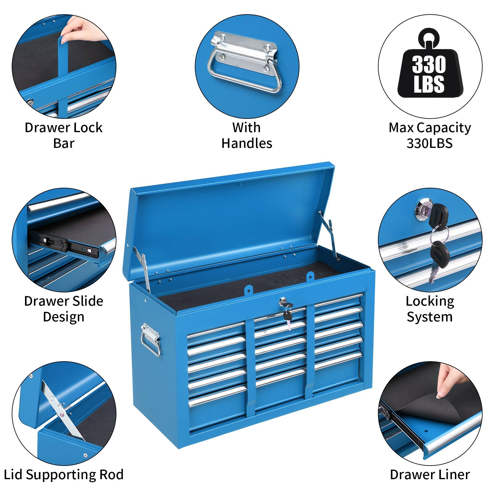 - 330 LBS Drawer Lock Bar With Handles
- Max Capacity 330LBS
- Drawer Slide Design
- Locking System
- Lid Supporting Rod
- Drawer Liner