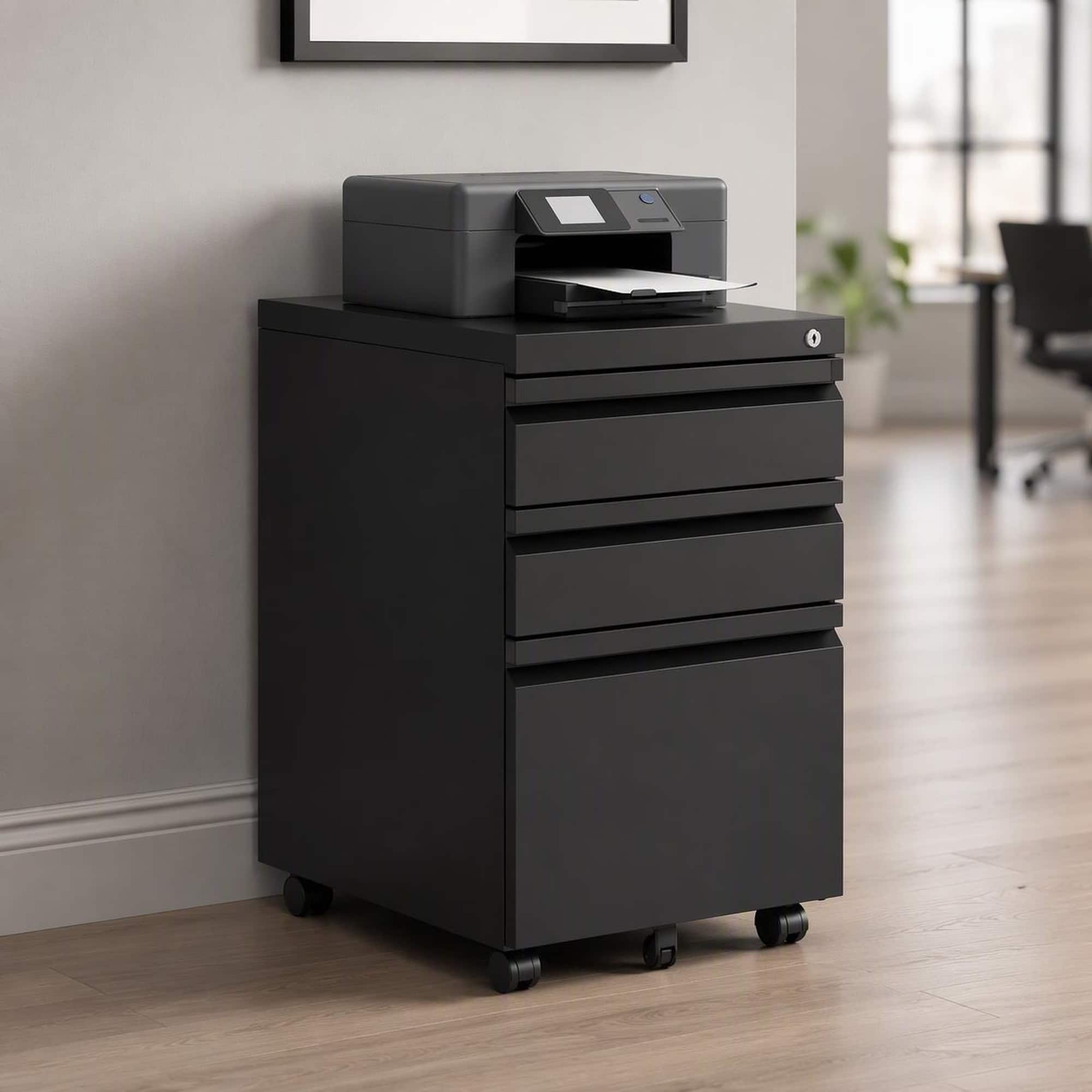 RYHNUYNE - 3-Drawer Mobile Filing Cabinet with Lock - Office Storage Filing Cabinet of Legal Letter Size - Black