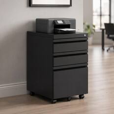 Front. RYHNUYNE - 3-Drawer Mobile Filing Cabinet with Lock - Office Storage Filing Cabinet of Legal Letter Size - Black.
