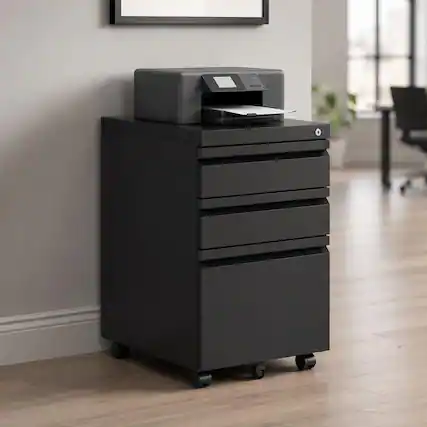 Front. RYHNUYNE - 3-Drawer Mobile Filing Cabinet with Lock - Office Storage Filing Cabinet of Legal Letter Size - Black.