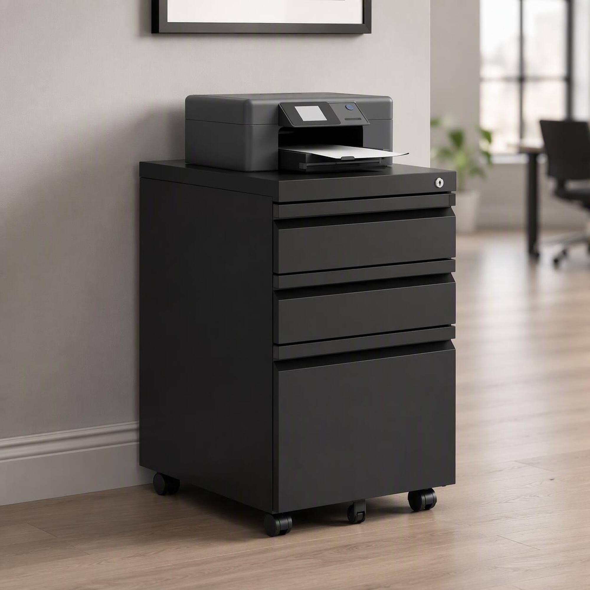Front. RYHNUYNE - 3-Drawer Mobile Filing Cabinet with Lock - Office Storage Filing Cabinet of Legal Letter Size - Black.