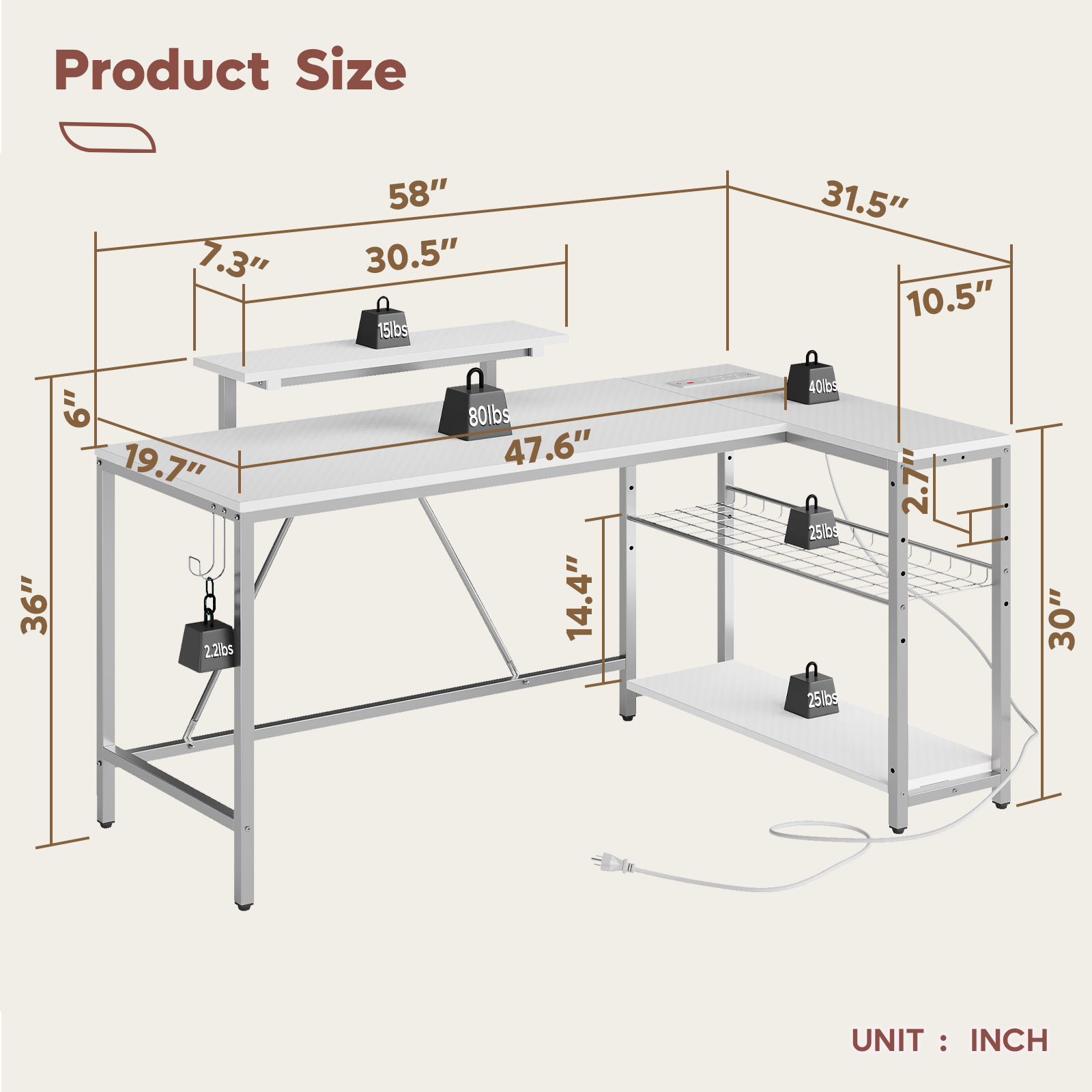 Product Size: 7.3" 58" 30.5" 15lbs 31.5" 10.5" 6" 19.7" 36" 2.2lbs 80lbs 47.6" 14.4" 40lbs 25lbs 25lbs 2.7" 30" UNIT: INCH