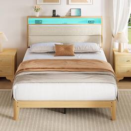 Homhougo - Full Size Cream Boucle Bed Frame with LED & Charging Station, Upholstered Platform Bed with Storage Shelves - Beige