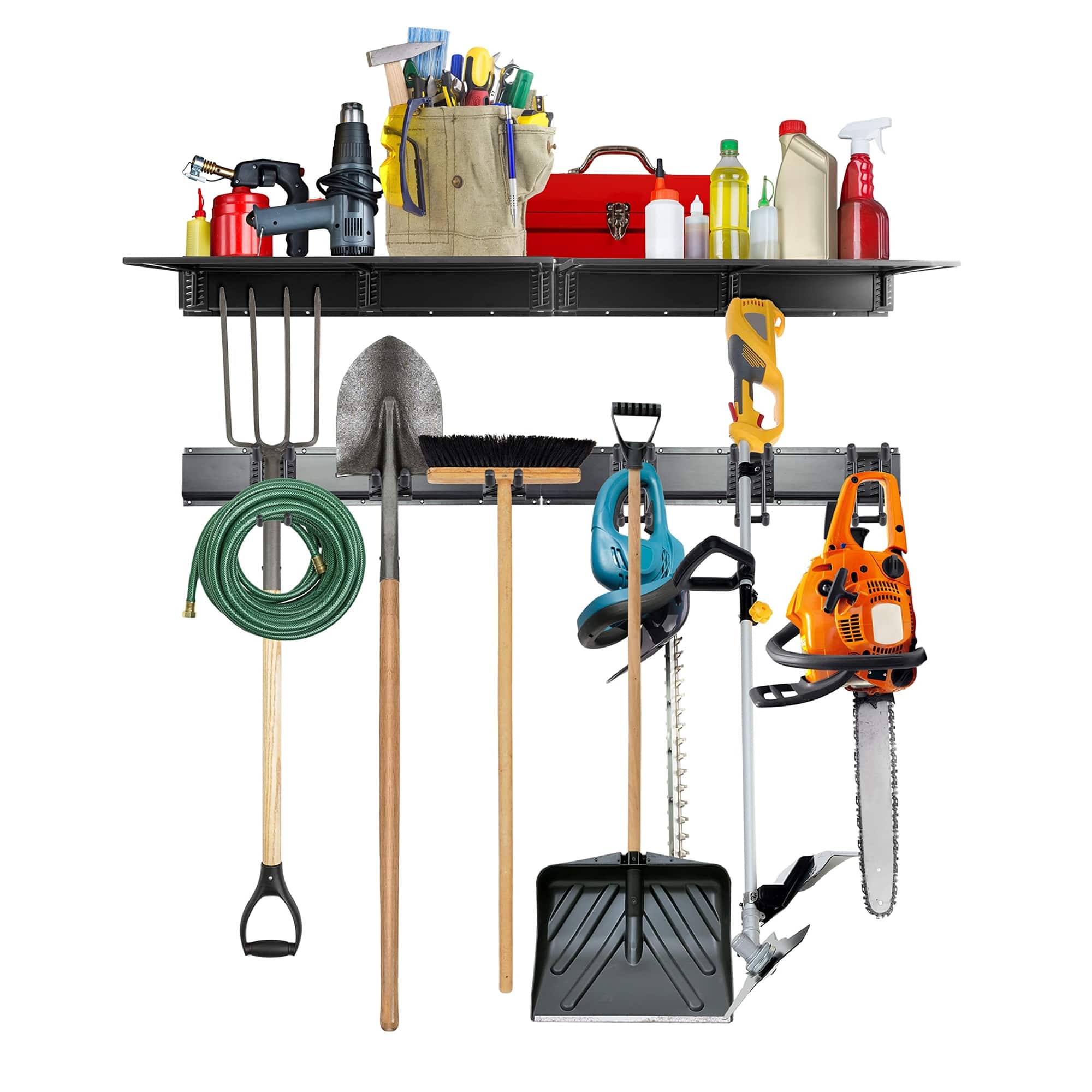 RaxGo - Garage Tool Storage Rack with Shelf, 12 Piece Garage Organizer for Mop, Rakes, Shovels & More - Black