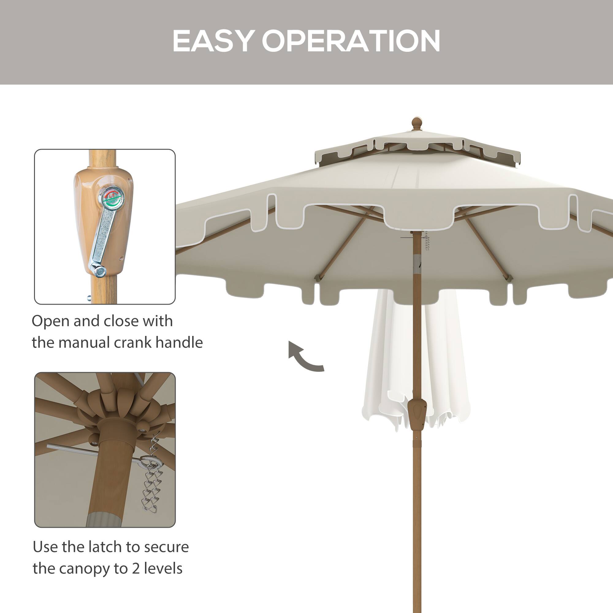 EASY OPERATION

Open and close with the manual crank handle

Use the latch to secure the canopy to 2 levels