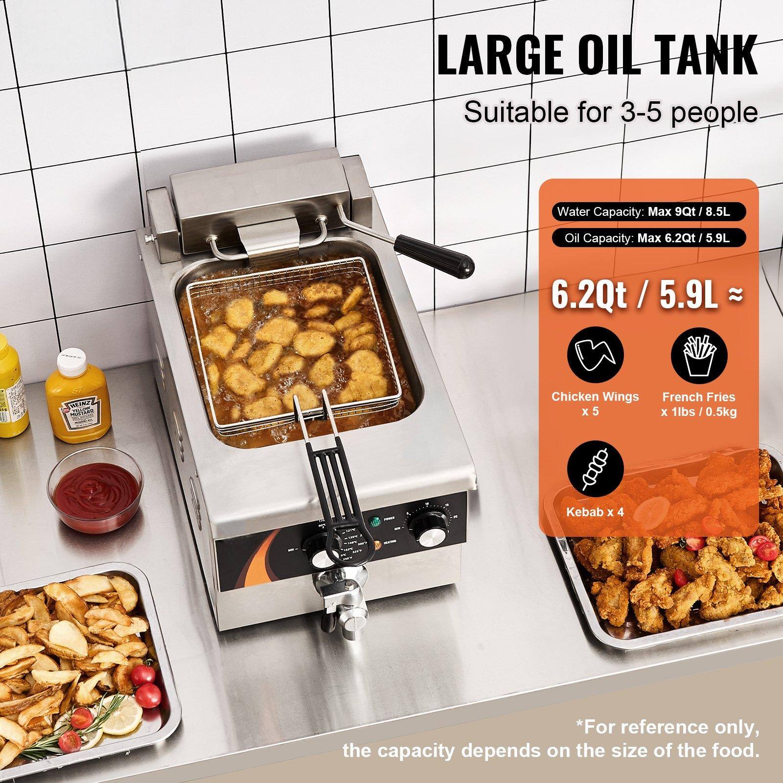 LARGE OIL TANK  
Suitable for 3-5 people  

Water Capacity: Max 9Qt / 8.5L  
Oil Capacity: Max 6.2Qt / 5.9L  

6.2Qt / 5.9L ≈  
- Chicken Wings x 5  
- French Fries x 1lbs / 0.5kg  
- Kebab x 4  

*For reference only, the capacity depends on the size of the food.