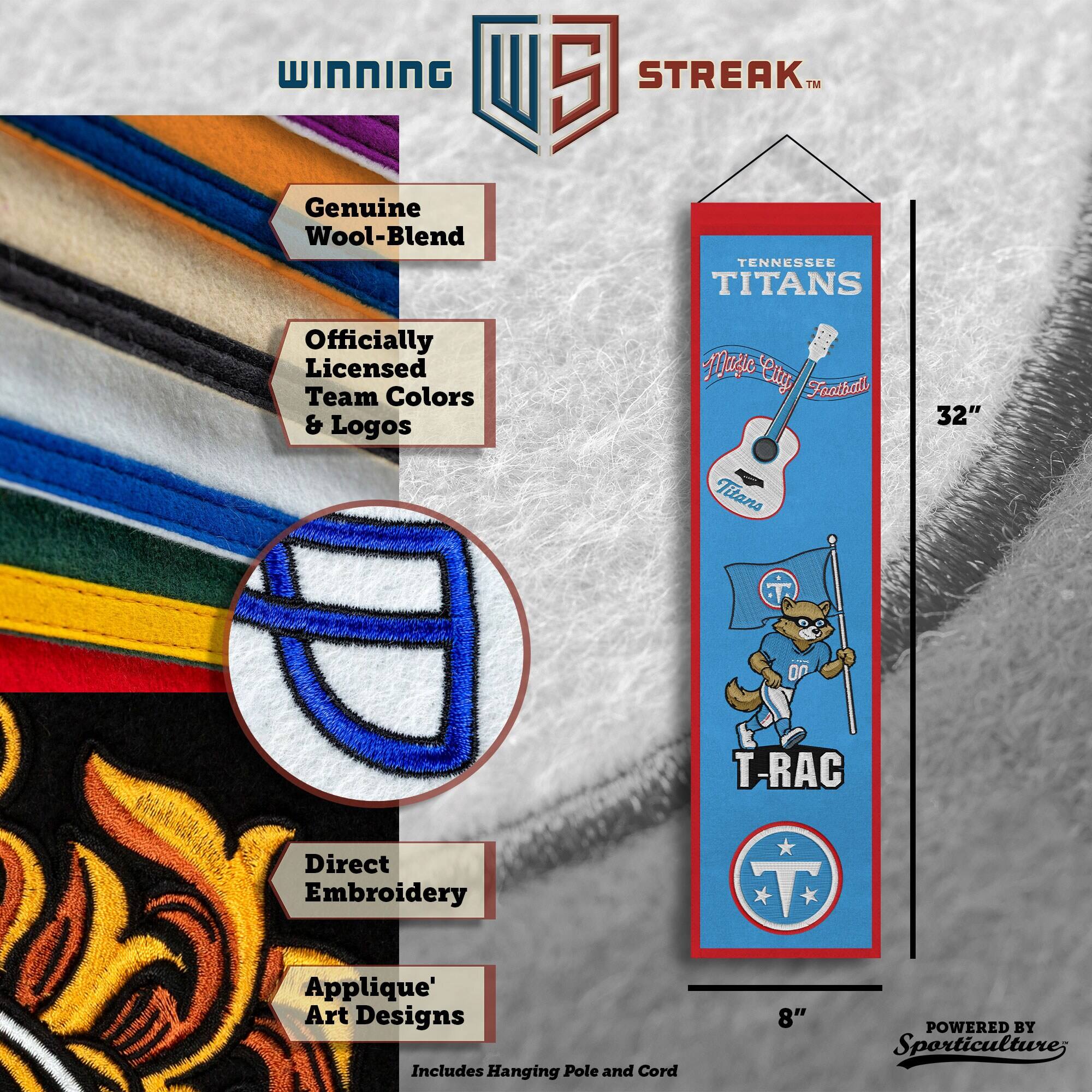 WINNING W 5 STREAK™ Genuine Wool-Blend TENNESSEE TITANS Officially Licensed Team Colors & Logos Magic City Feathell 32" Titans On T-RAC Direct Embroidery Applique' Art Designs Includes Hanging Pole and Cord 8" POWERED BY Sporticulture
