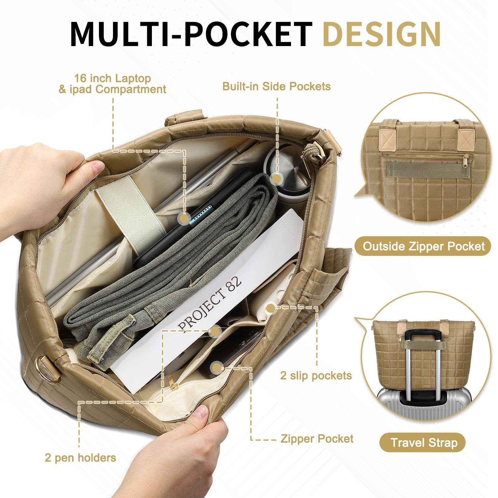MULTI-POCKET DESIGN

- 16 inch Laptop & iPad Compartment
- Built-in Side Pockets
- Outside Zipper Pocket
- 2 slip pockets
- 2 pen holders
- Zipper Pocket
- Travel Strap