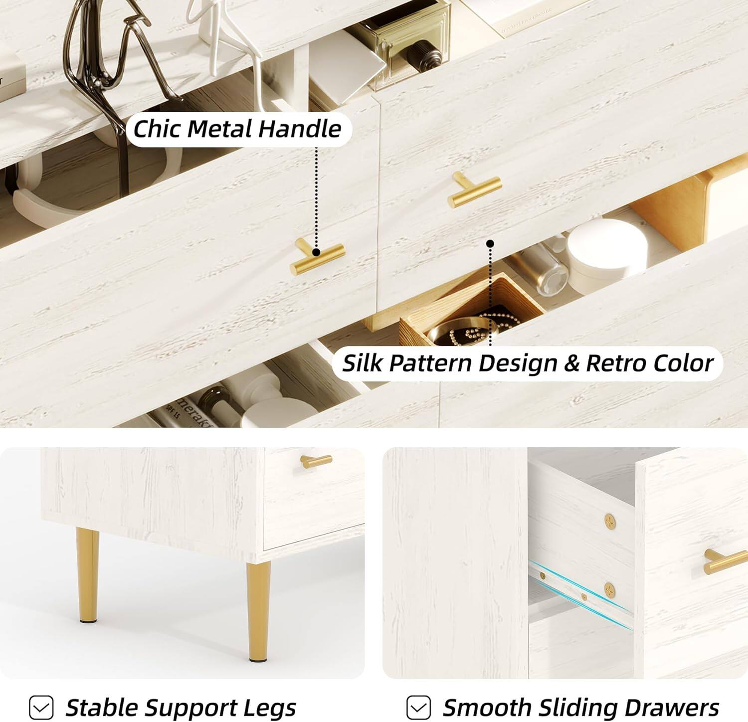 - Chic Metal Handle
- Silk Pattern Design & Retro Color
- Stable Support Legs
- Smooth Sliding Drawers