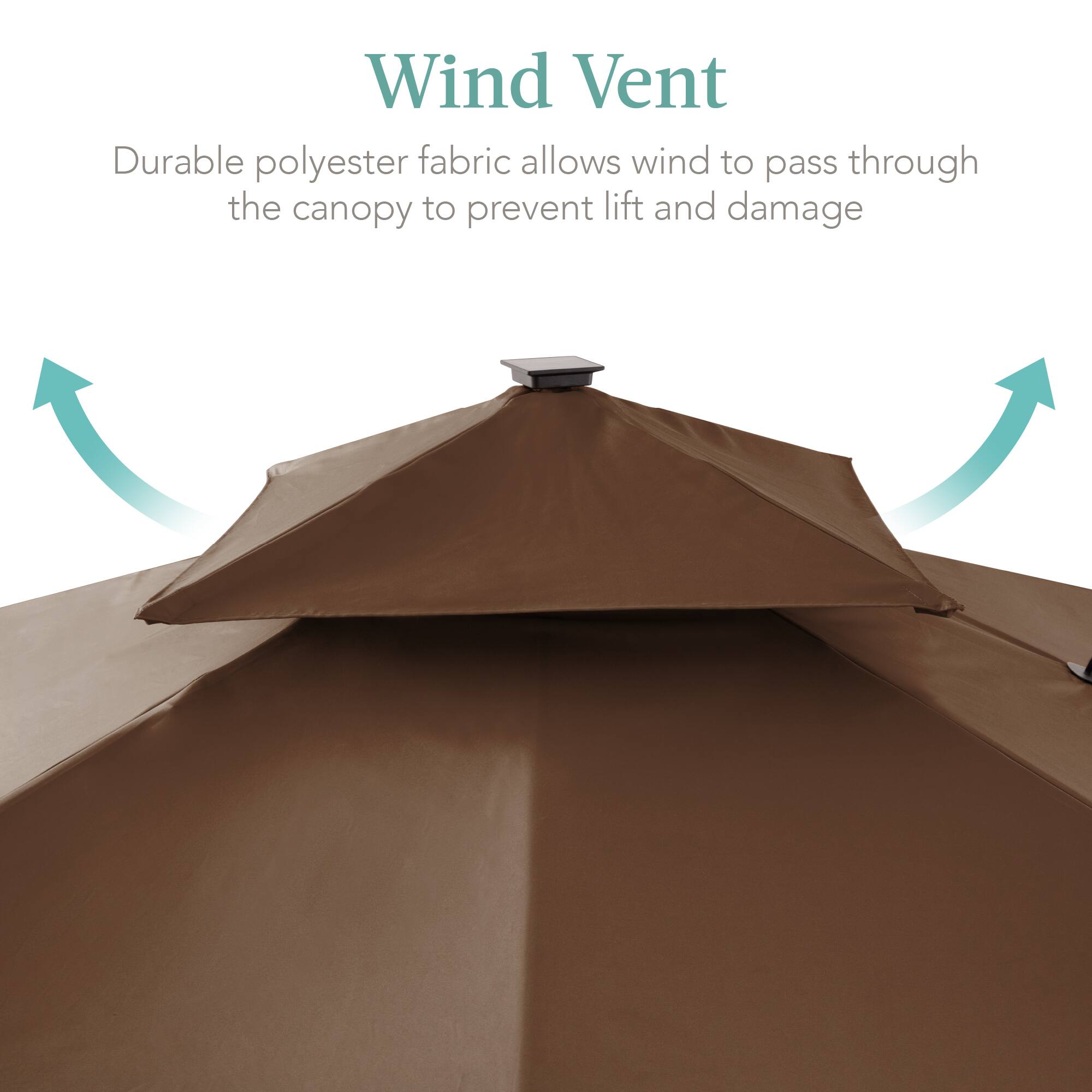 Wind Vent

Durable polyester fabric allows wind to pass through the canopy to prevent lift and damage